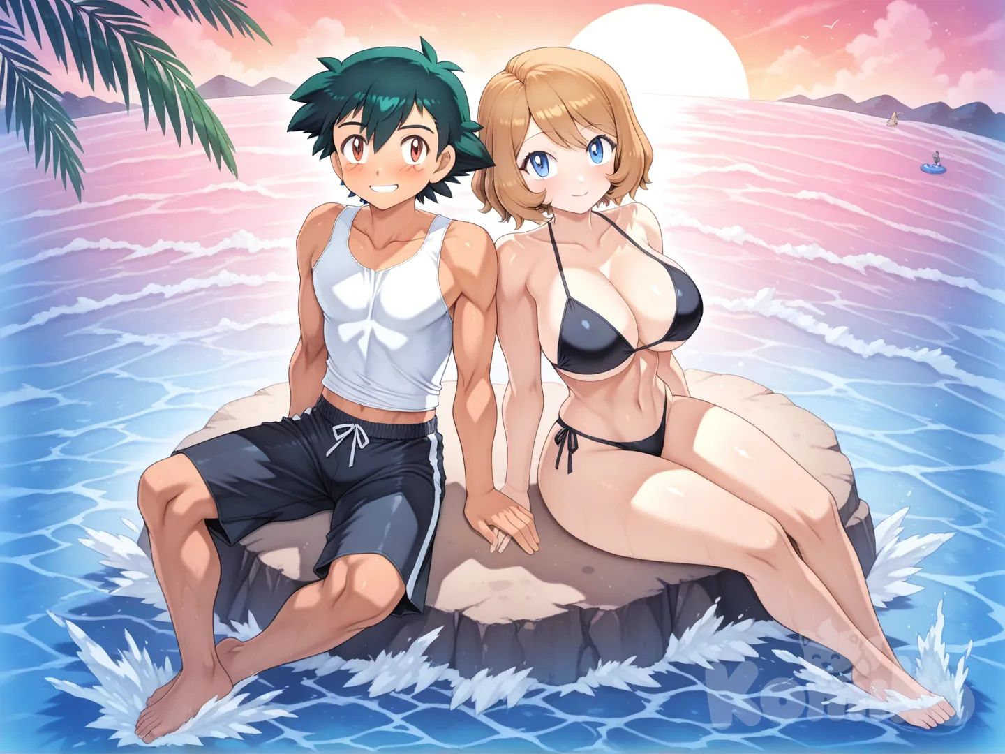 # 19 year old couple playing in the water
#soft lighting
#sfw
#hyper-warm lighting
#mogudan-style depth
#outdoor_beach_sunset
#calm waves, 
#Sitting facing the sea
#Playing the water

@Ash_Ketchum #Height 180 cm
#full body ,cool and handsome, have a sixpack , musculature , sexy muscle ,white tank top , black swim boxer , day ,front profile photo , funny , relaxed, anime style, 

@Serena_(Pokemon) #short hair version #Height 160 cm
#full body ,little black bikini , sexy smile , from above ,day ,front profile photo , big boobs, Playing the water, funny , relaxed, anime style, 

after have a sex together