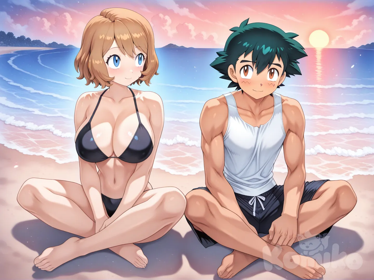 # 19 year old couple playing in the water
#soft lighting
#sfw
#hyper-warm lighting
#mogudan-style depth
#outdoor_beach_sunset
#calm waves, 
#Sitting facing the sea
#Playing the water

@Ash_Ketchum 
#full body ,cool and handsome, have a sixpack , musculature , sexy muscle ,white tank top , black swim boxer , day ,front profile photo , funny , relaxed, anime style, 

@Serena_(Pokemon) #short hair version
#full body ,little black bikini , sexy smile , from above ,day ,front profile photo , big boobs, Playing the water, funny , relaxed, anime style