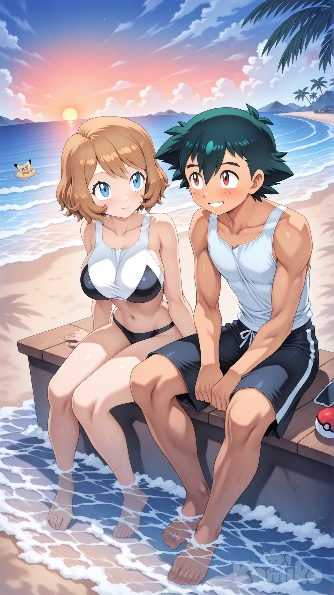 # 19 year old couple playing in the water
#soft lighting
#sfw
#hyper-warm lighting
#mogudan-style depth
#outdoor_beach_sunset
#calm waves,
#Sitting facing the sea
#Playing the water
@Ash_Ketchum
#full body ,cool and handsome, have a sixpack , musculature , sexy muscle ,white tank top , black swim boxer , day ,front profile photo , funny , relaxed, anime style,
@Serena_(Pokemon) #short hair version
#full body ,little black bikini , sexy smile , from above ,day ,front profile photo , big boobs, Playing the water, funny , relaxed, anime style,
after have a sex together