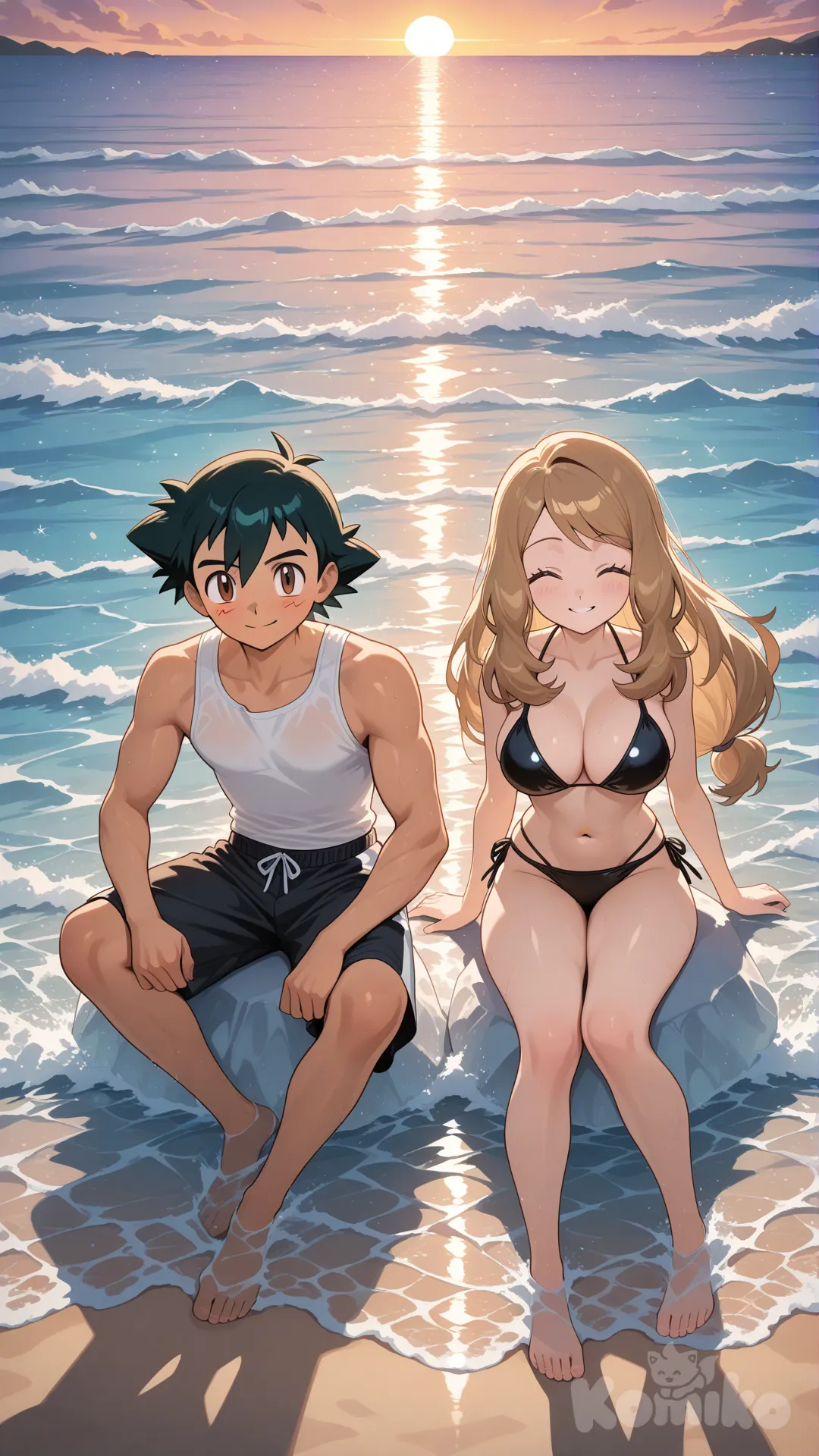 # 19 year old couple playing in the water
#soft lighting
#sfw
#hyper-warm lighting
#mogudan-style depth
#outdoor_beach_sunset
#calm waves,
#Sitting facing the sea
#Playing the water
@Ash_Ketchum
#full body ,cool and handsome, have a sixpack , musculature , sexy muscle ,white tank top , black swim boxer , day ,front profile photo , funny , relaxed, anime style,
@Serena_(Pokemon)
#full body ,little black bikini , sexy smile , from above ,day ,front profile photo , big boobs, Playing the water, funny , relaxed, anime style