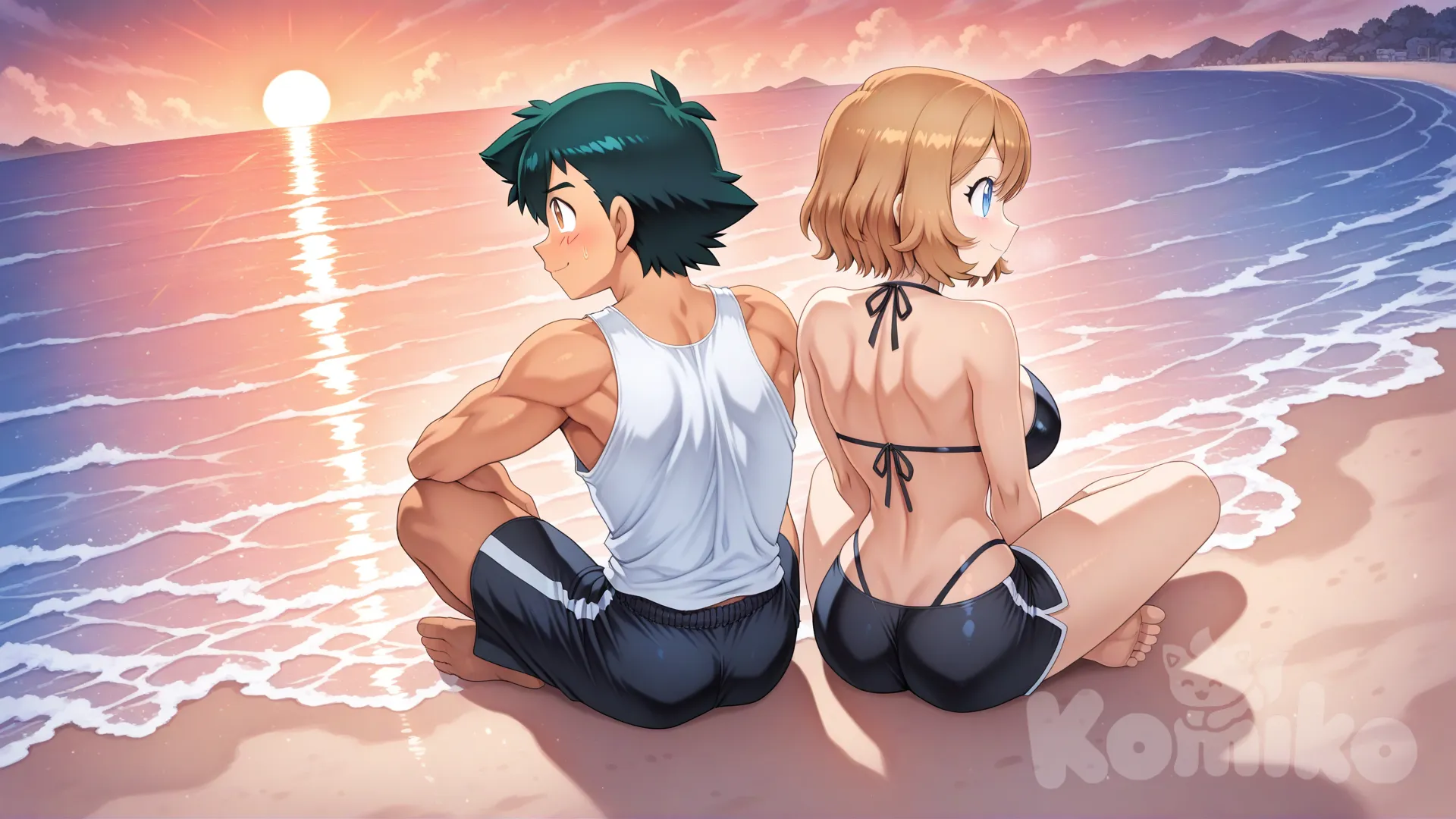 # 19 year old couple playing in the water
#soft lighting
#sfw
#hyper-warm lighting
#mogudan-style depth
#outdoor_beach_sunset
#calm waves, 
#Sitting facing the sea
#Playing the water

@Ash_Ketchum #Height 180 cm
#full body ,cool and handsome, have a sixpack , musculature , sexy muscle ,white tank top , black swim boxer , day ,front profile photo , funny , relaxed, anime style, 

@Serena_(Pokemon) #short hair version #Height 160 cm
#full body ,little black bikini , sexy smile , from above ,day ,front profile photo , big boobs, Playing the water, funny , relaxed, anime style, 

after have a sex together