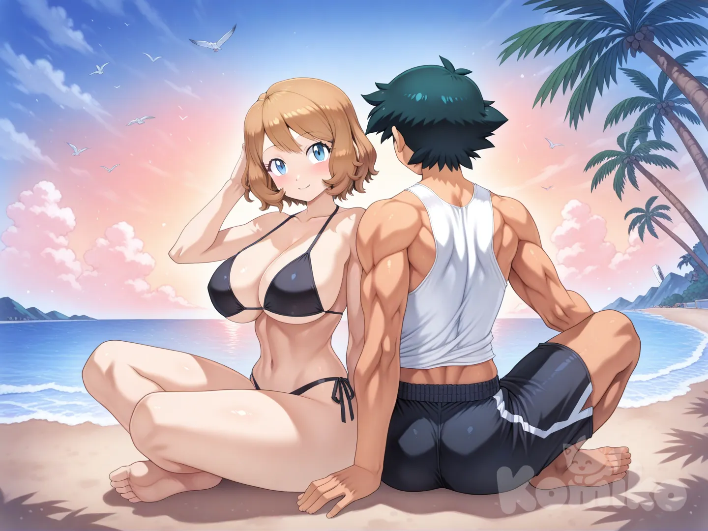 # 19 year old couple playing in the water
#soft lighting
#sfw
#hyper-warm lighting
#mogudan-style depth
#outdoor_beach_sunset
#calm waves, 
#Sitting facing the sea
#Playing the water

@Ash_Ketchum #Height 180 cm
#full body ,cool and handsome, have a sixpack , musculature , sexy muscle ,white tank top , black swim boxer , day ,front profile photo , funny , relaxed, anime style, 

@Serena_(Pokemon) #short hair version #Height 160 cm
#full body ,little black bikini , sexy smile , from above ,day ,front profile photo , big boobs, Playing the water, funny , relaxed, anime style, 

after have a sex together