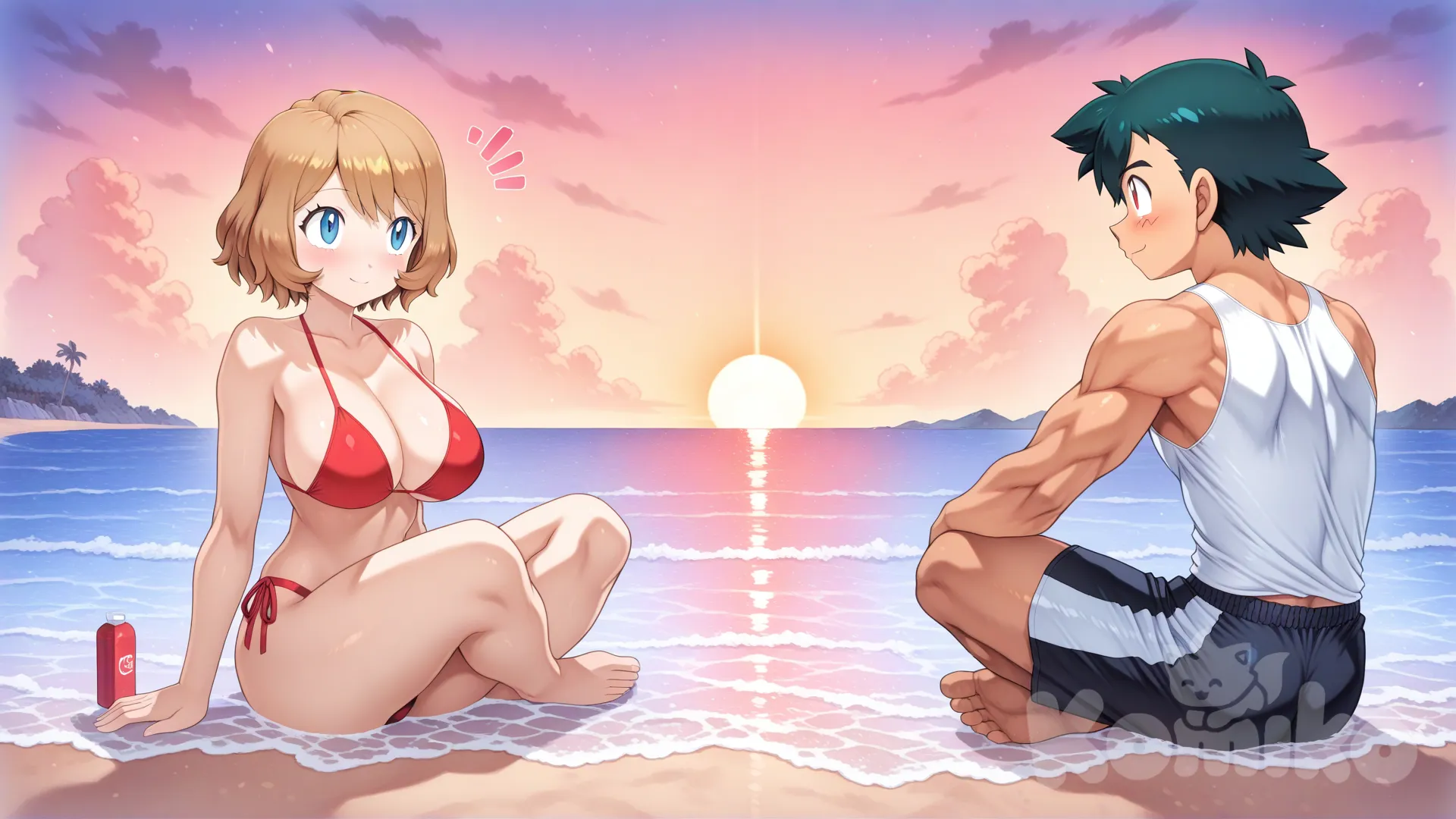 # 19 year old couple playing in the water
#soft lighting
#sfw
#hyper-warm lighting
#mogudan-style depth
#outdoor_beach_sunset
#calm waves, 
#Sitting facing the sea
#Playing the water

@Ash_Ketchum 
#full body ,cool and handsome, have a sixpack , musculature , sexy muscle ,white tank top , black swim boxer , day ,front profile photo , funny , relaxed, anime style, 

@Serena_(Pokemon) #short hair version
#full body ,little red bikini , sexy smile , from above ,day ,front profile photo , big boobs, Playing the water, funny , relaxed, anime style, 

after have a sex together