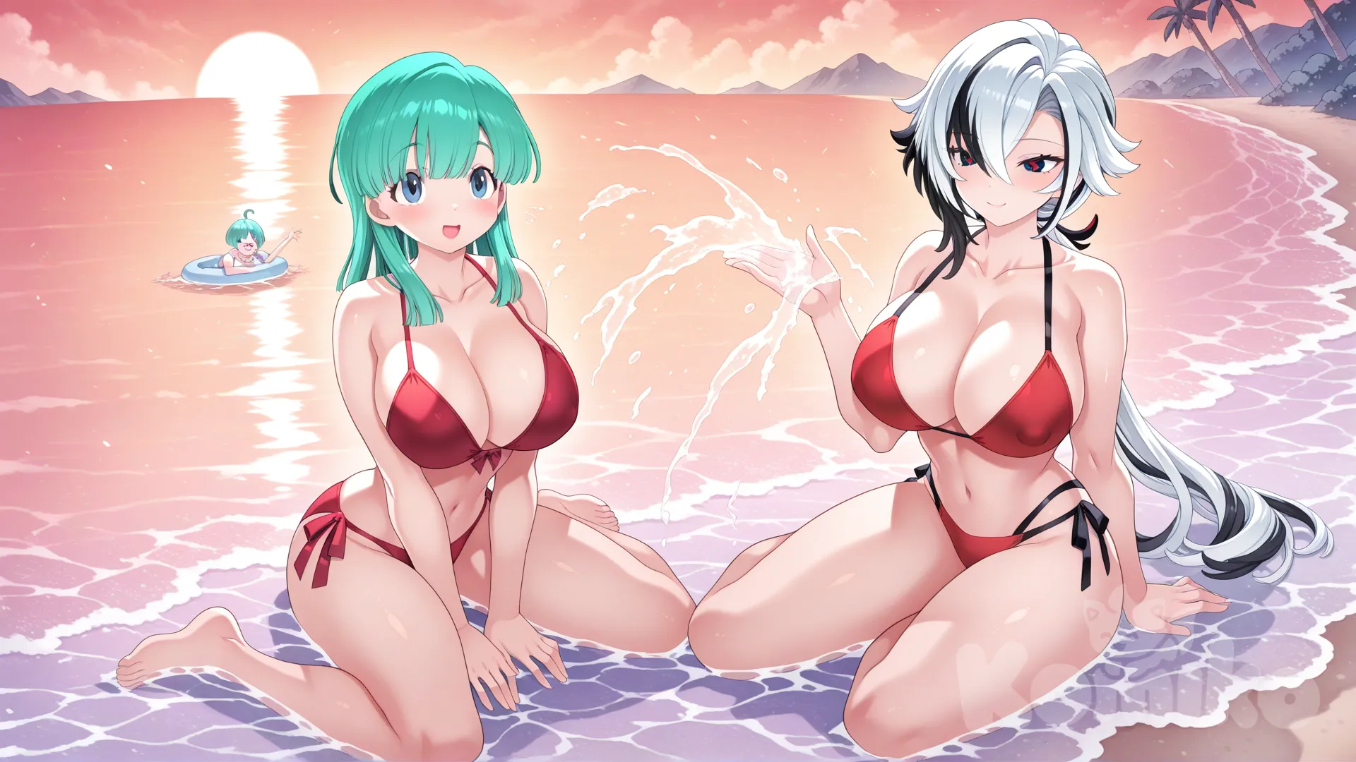 bulma(dragon ball)@Arlecchino_(Genshin_Impact)
#soft lighting
#sfw
#hyper-warm lighting
#mogudan-style depth
#outdoor_beach_sunset
#serene and nostalgic
#calm waves, 
#Sitting facing the sea
#full body ,little hot red bikini , sexy smile , from above ,day ,front profile photo , big boobs, Playing the water, funny , relaxed, anime style , relaxed after have a sex