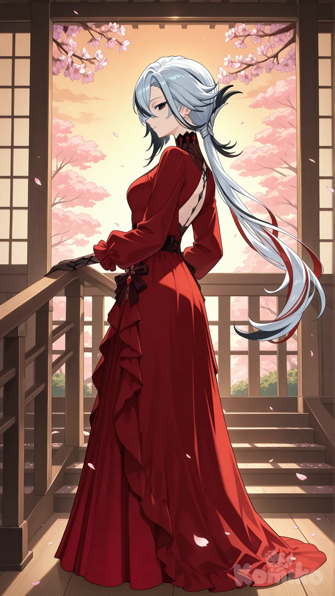 @Arlecchino_(Genshin_Impact) #looking at viewer #looking at viewer #full body# red hot dress, side view , 
Standing holding onto the railing of a Japanese-style black wooden staircase ,day ,side profile photo , relaxed, anime style ,
Evening view , in the middle of a garden full of cherry trees
look like a leader and cool women
cold eyes
Evening sunlight