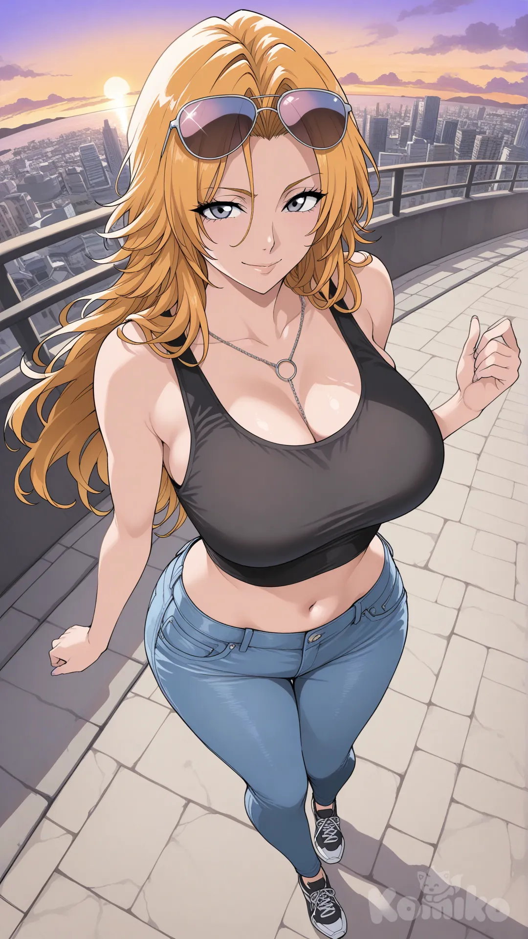 @Rangiku Matsumoto_(bleach)

#big sister style , Very good figure , 

#side top view 

 # upper body (Focus on the upper body, from the waist up.)

#looking at viewer #full body#, up view , #full body ,from above , day , funny , relaxed, anime style , 

#cool post

,dark violet Thin Cropped tank top , jeans , black running shoes , sun glasses

relax , Taking a stroll, walking on a sidewalk , on a eveing sunnyday , in the sreet in capital city , It has a view of the sea and beach as a backdrop