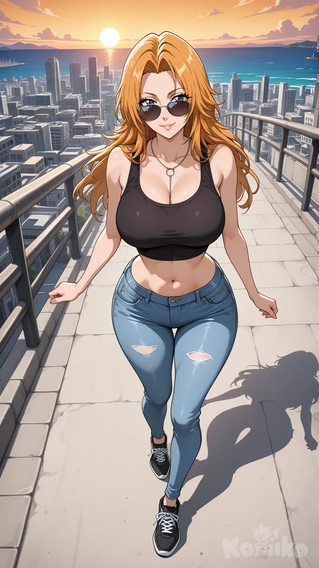 @Rangiku Matsumoto_(bleach)

#big sister style , Very good figure , 

#front top view 

 # upper body (Focus on the upper body, from the waist up.)

#looking at viewer #full body#, up view , #full body ,from above , day , funny , relaxed, anime style , 

#cool post

,dark violet Thin Cropped tank top , jeans , black running shoes , sun glasses

relax , Taking a stroll, walking on a sidewalk , on a eveing sunnyday , in the sreet in capital city , It has a view of the sea and beach as a backdrop