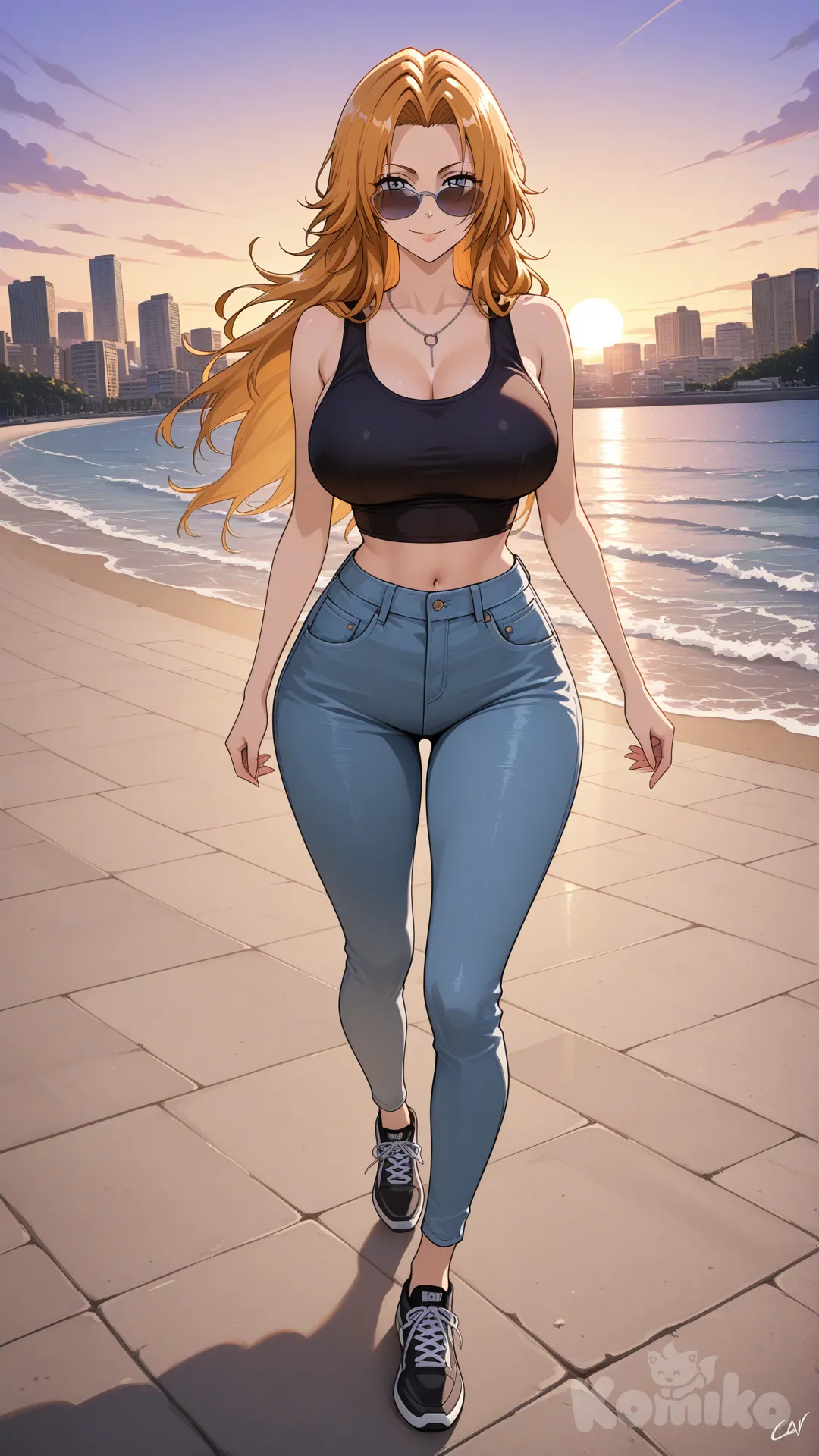 @Rangiku Matsumoto_(bleach)

#big sister style , Very good figure , 

#front view 

 # upper body (Focus on the upper body, from the waist up.)

#looking at viewer #full body#, up view , #full body ,from above , day , funny , relaxed, anime style , 

#cool post

,dark violet Thin Cropped tank top , jeans , black running shoes , sun glasses

relax , Taking a stroll, walking on a sidewalk , on a eveing sunnyday , in the sreet in capital city , It has a view of the sea and beach as a backdrop