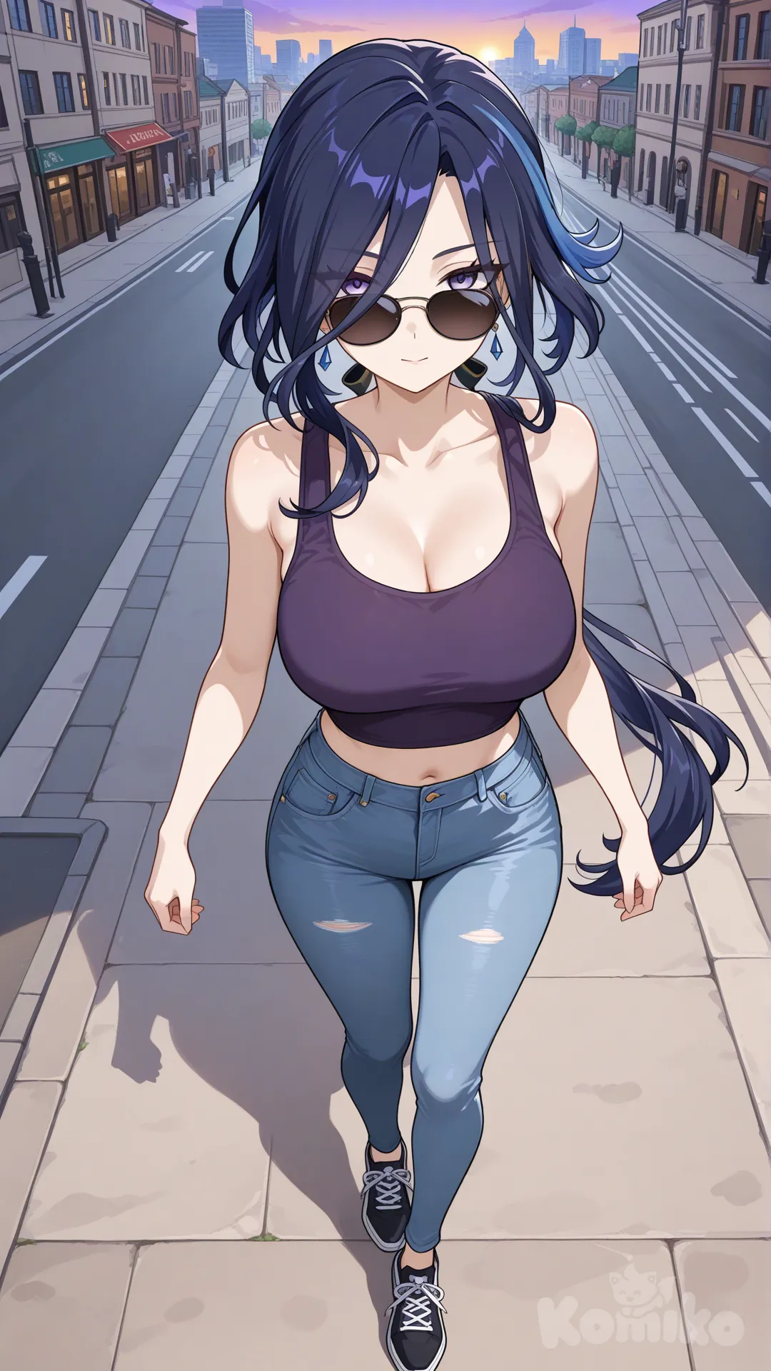 @Clorinde_(Genshin_Impact)

#big sister style , Very good figure , 

#front top view 

 # upper body (Focus on the upper body, from the waist up.)

#looking at viewer #full body#, up view , #full body ,from above , day , funny , relaxed, anime style , 

#cool post

,dark violet Thin Cropped tank top , jeans , black running shoes , sun glasses

relax , Taking a stroll, walking on a sidewalk , on a eveing sunnyday , in the sreet in capital city , It has a view of the sea and beach as a backdrop