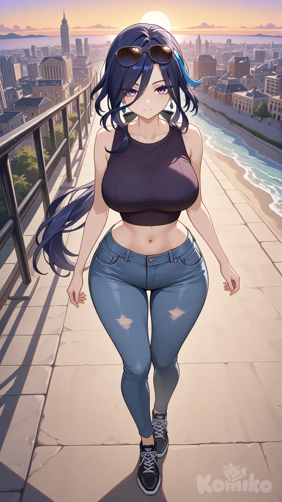@Clorinde_(Genshin_Impact)

#big sister style , Very good figure , 

#front top view 

 # upper body (Focus on the upper body, from the waist up.)

#looking at viewer #full body#, up view , #full body ,from above , day , funny , relaxed, anime style , 

#cool post

,dark violet Thin Cropped tank top , jeans , black running shoes , sun glasses

relax , Taking a stroll, walking on a sidewalk , on a eveing sunnyday , in the sreet in capital city , It has a view of the sea and beach as a backdrop
