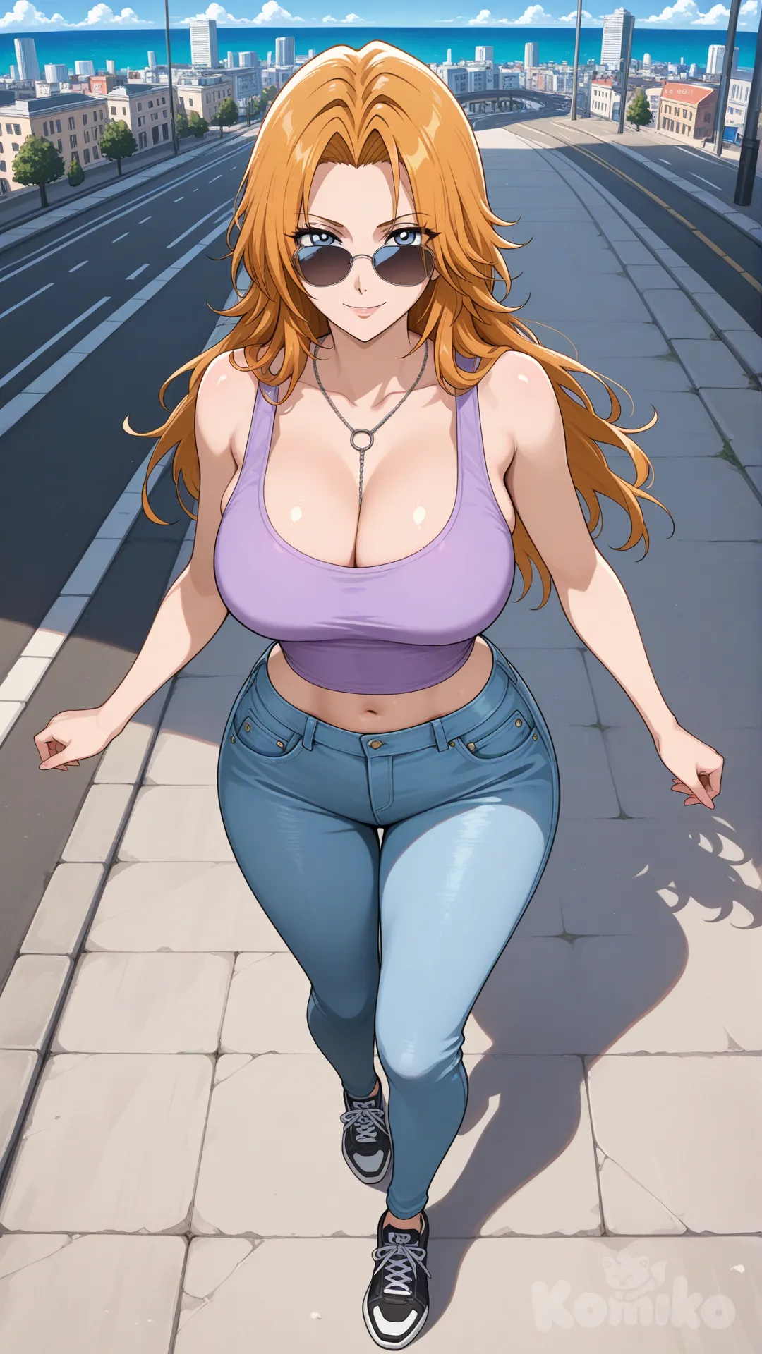 @Rangiku Matsumoto_(bleach)
#big sister style , Very good figure ,
#front top view
# upper body (Focus on the upper body, from the waist up.)
#looking at viewer #full body#, up view , #full body ,from above , day , funny , relaxed, anime style ,
#cool post
,dark violet Thin Cropped tank top , jeans , black running shoes , sun glasses
relax , Taking a stroll, walking on a sidewalk , on a eveing sunnyday , in the sreet in capital city , It has a view of the sea and beach as a backdrop