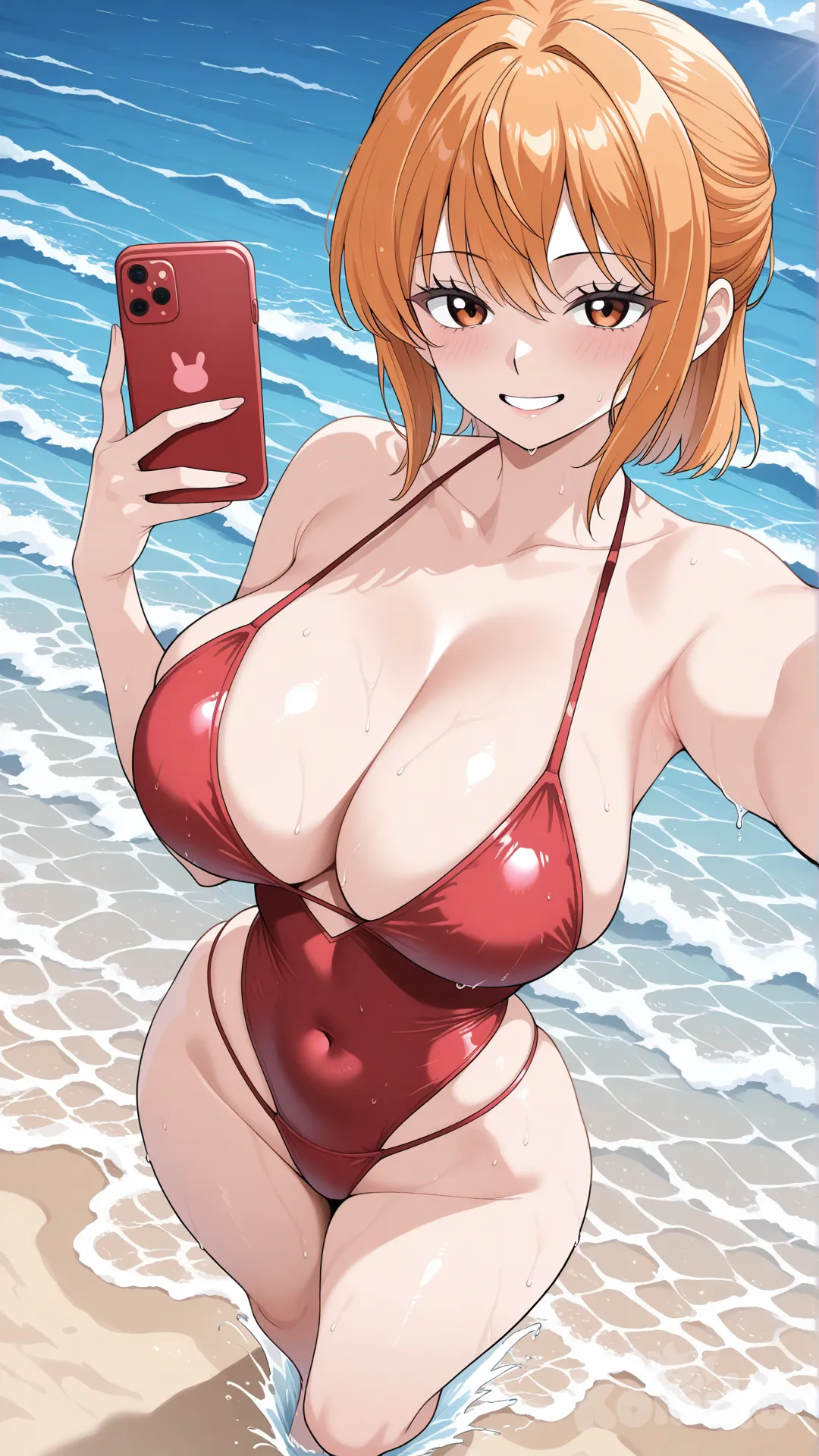 Mai Shiranui 

#Waifu

#big sister style , Very good figure , 

#upper front view 

# upper body (Focus on the upper body, from the waist up.)

#looking at viewer #full body#, up view , #full body ,from above , day , funny , relaxed, anime style , 

#cool post

#selfie post

#funnyday in the beach

#hotred swimming suite onepiece Gstring style

relax , Taking a stroll, play water on a beach , splash , It has a view of the sea and beach as a backdrop