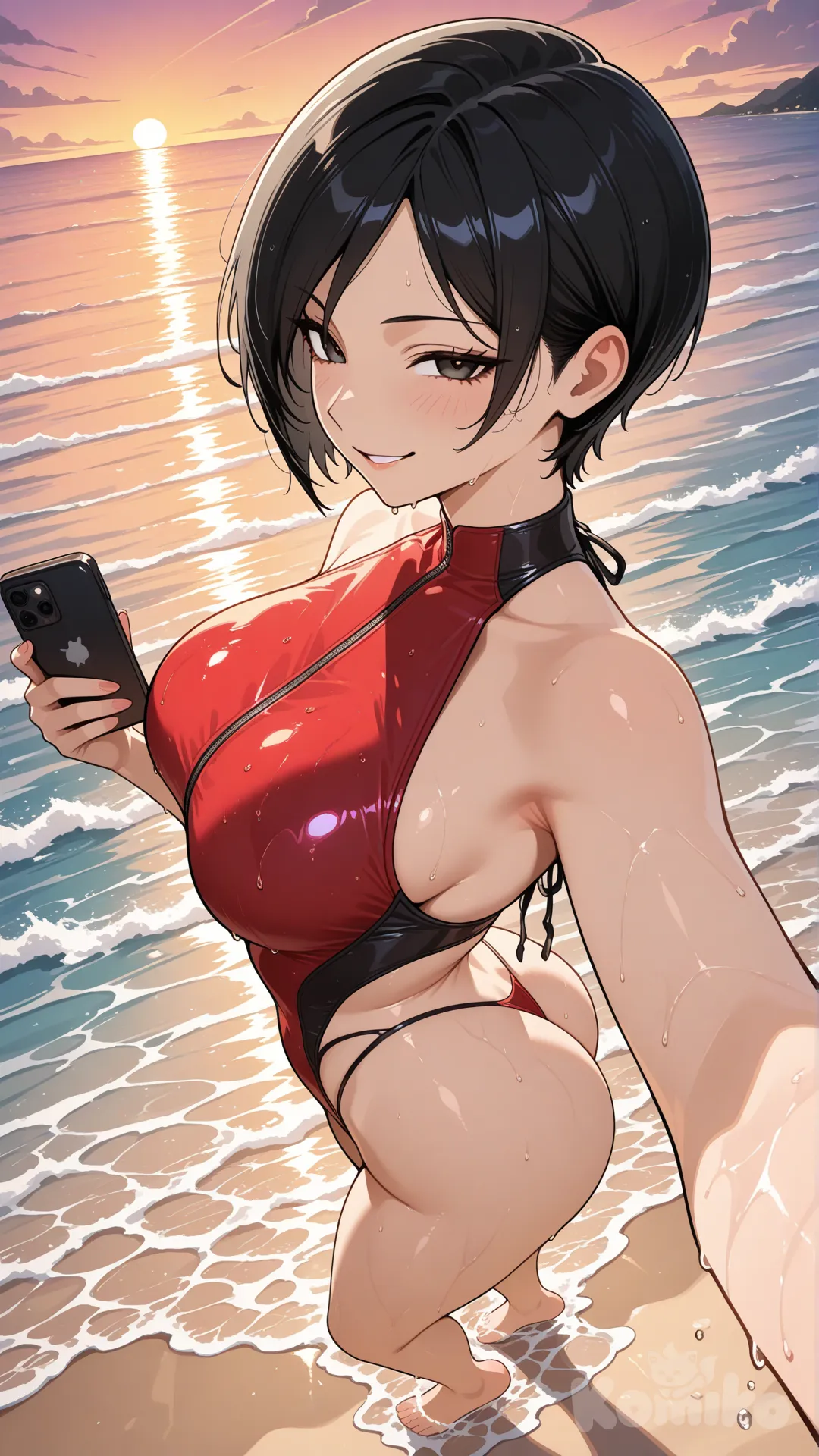 @Ada Wong #Waifu #big sister style , Very good figure , It has a view of the sea and beach as a backdrop