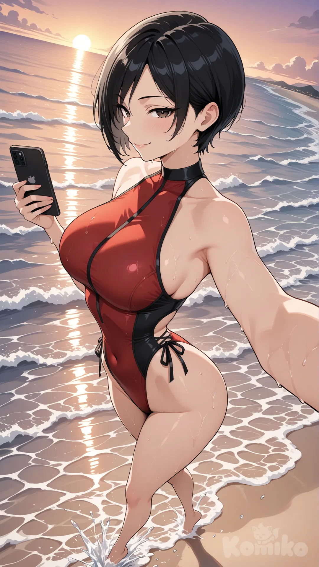 @Ada Wong #Waifu #big sister style , Very good figure , It has a view of the sea and beach as a backdrop