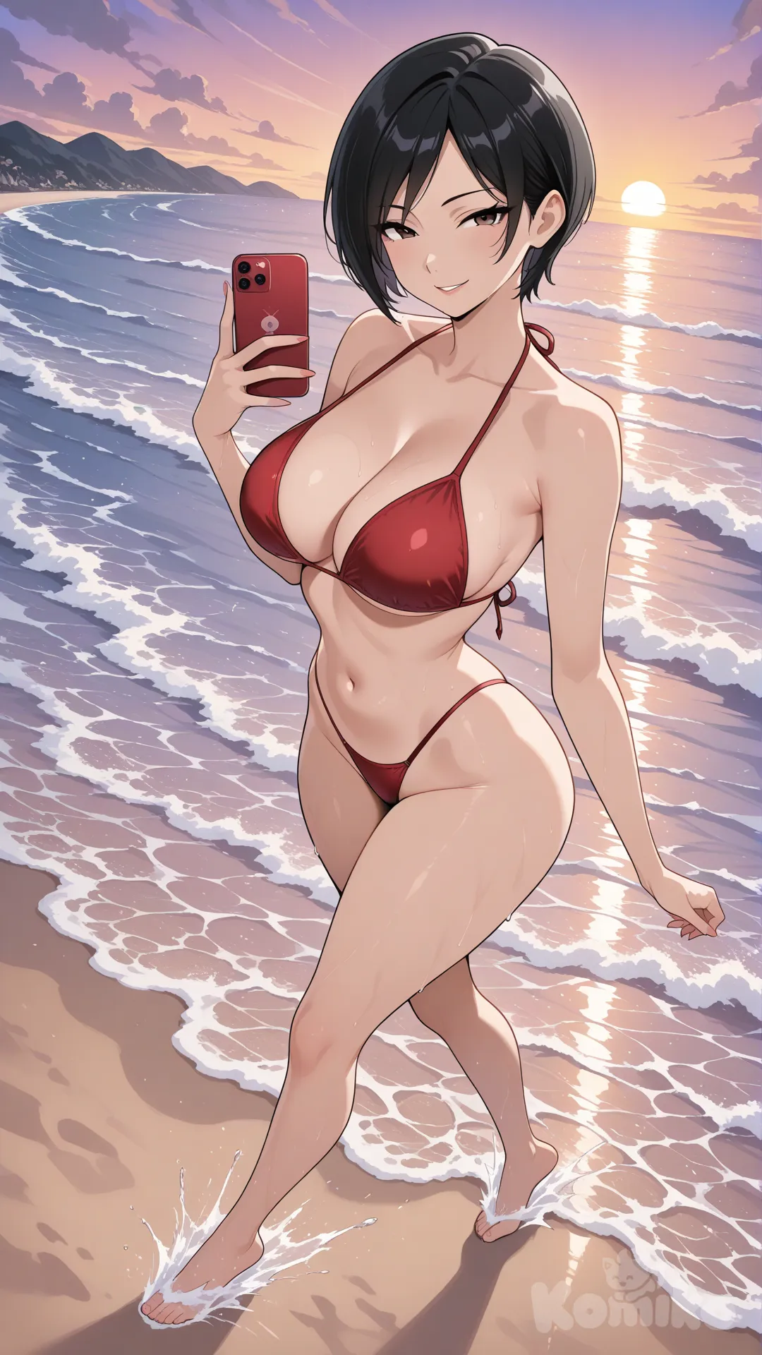 @Ada Wong #Waifu #big sister style , Very good figure , It has a view of the sea and beach as a backdrop