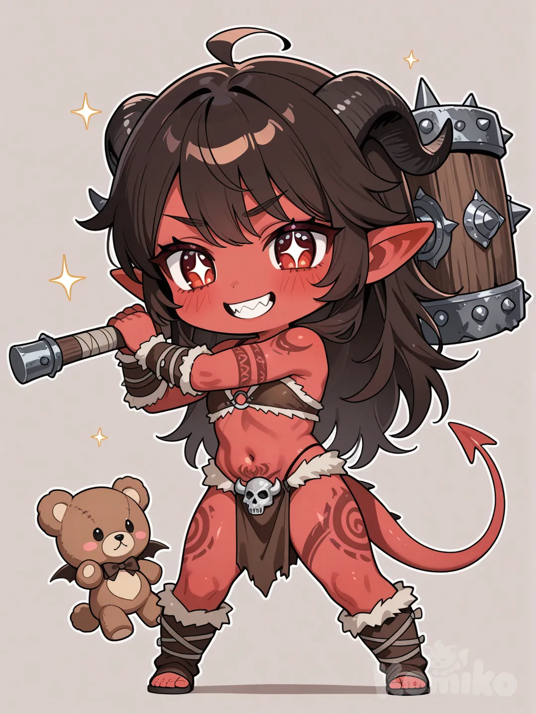  adorable chibi Tiefling female Barbarian with a large Warhammer andk teddy bear