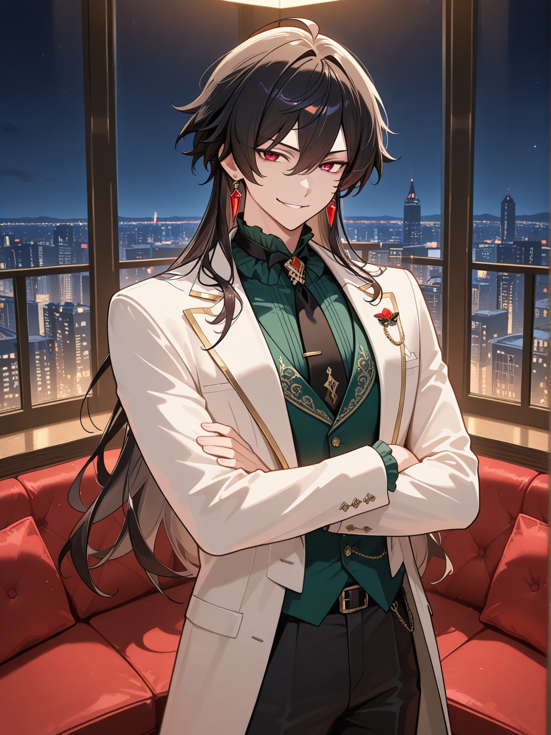 closeup, front profile photo, cowboy shot, night, cinematic lighting, @ezotl-rUOr standing with his arms crossed standing in a penthouse living room, devilish smile