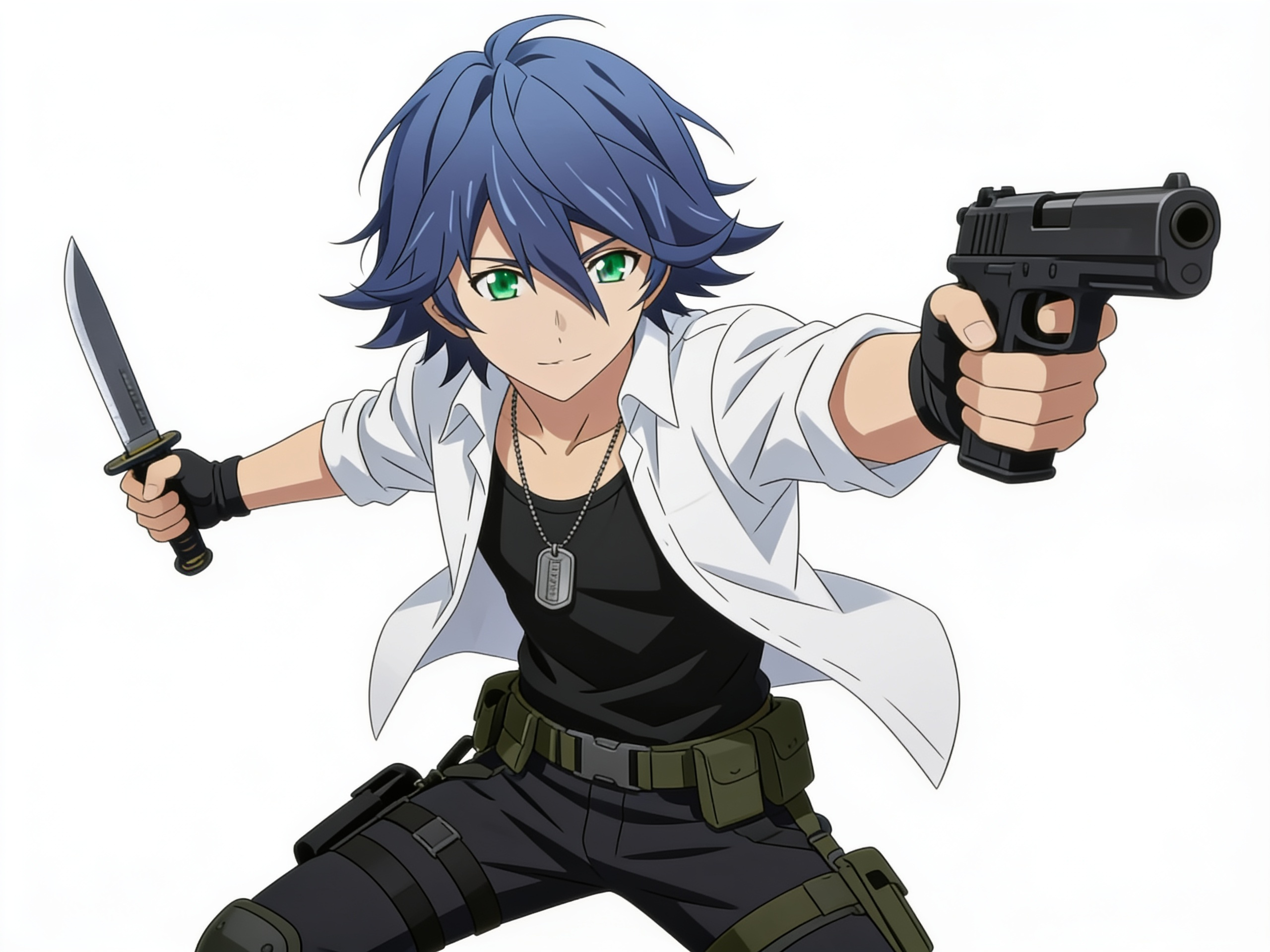 1boy, Wataru Selaka, lone wolf, soldier, hand-to-hand combat, pistol, dagger, single character, full body, looking at viewer, anime style, simple background, white background, anime style