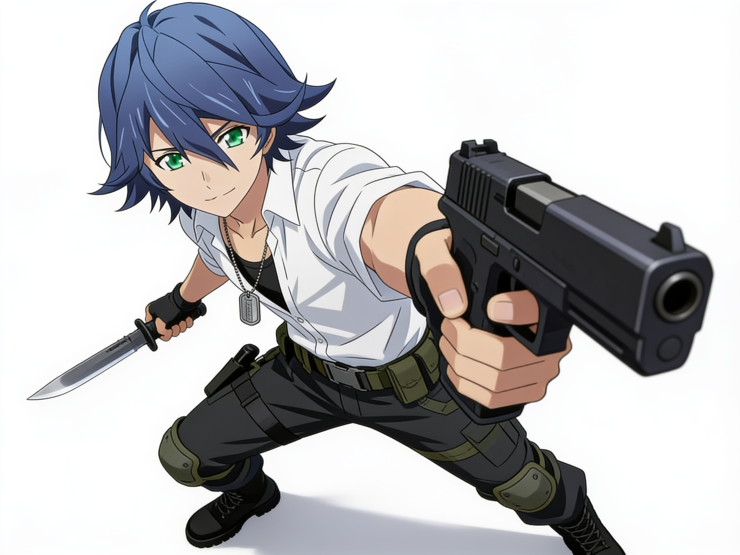 1boy, Wataru Selaka, lone wolf, soldier, hand-to-hand combat, pistol, dagger, single character, full body, looking at viewer, anime style, simple background, white background, anime style