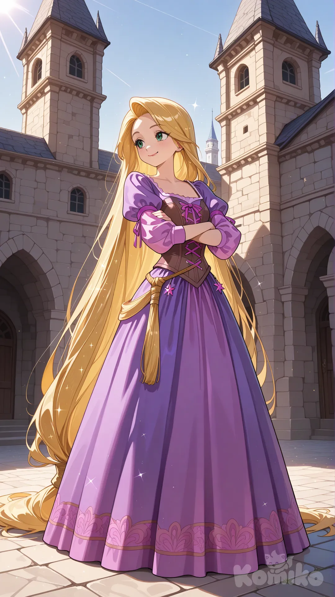 rapunzel (tangled), disney, long blonde hair, extremely long shiny hair, green eyes, braidless hair, purple dress, corset, puffed sleeves, medieval fantasy outfit, smiling, looking to the side, arms crossed, outdoors, tower background, sunlight, hair, clothing, soft lighting, full body, standing pose shiny golden hairs golden dust , 1girl, looking away