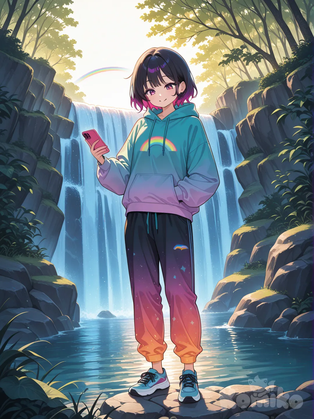 cute , full body, rim light, waterfall, hoodie, looking at phone, smile, casual pants, pajamas, rainbow, 1girl