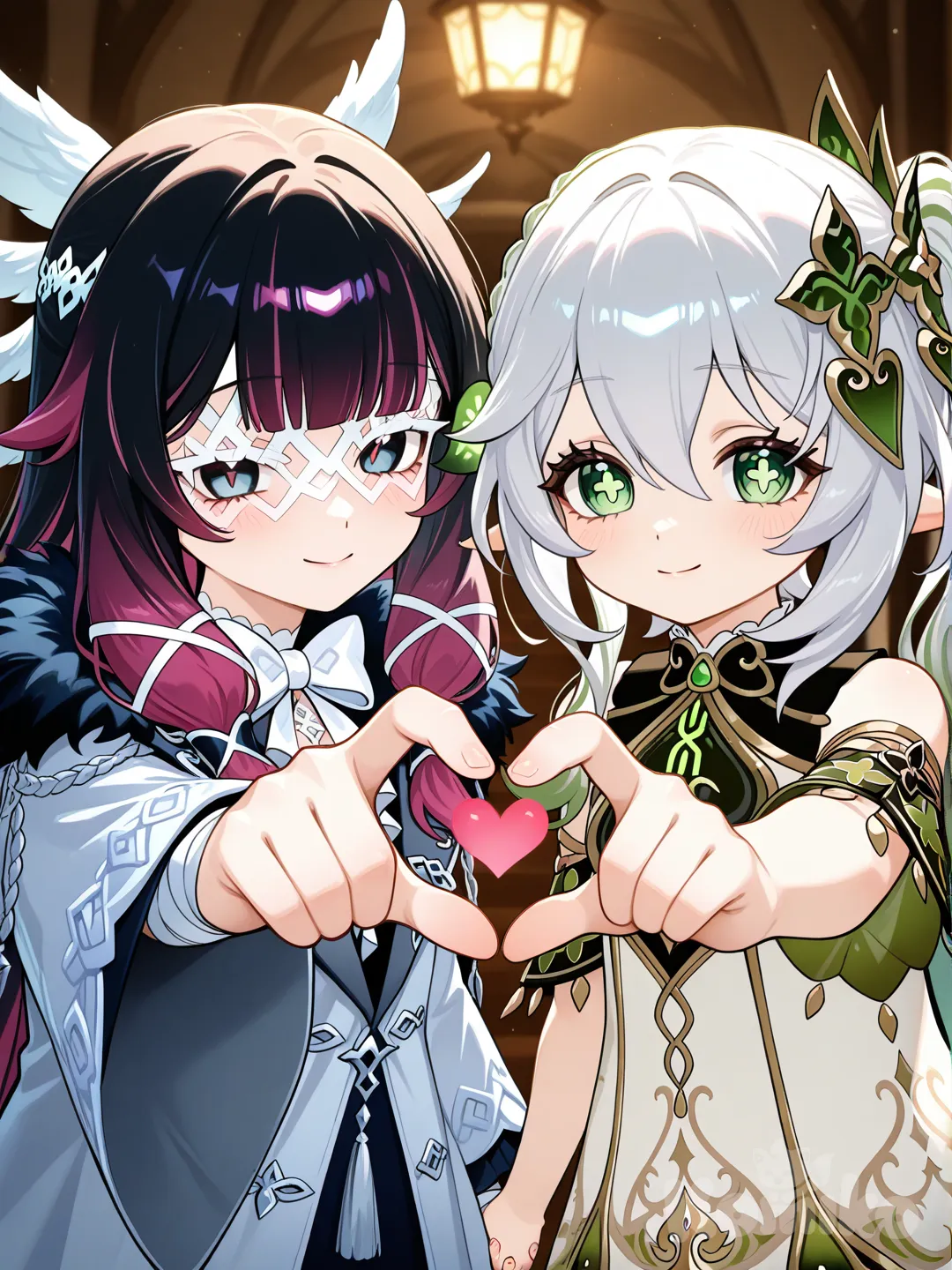 @Nahida_(Genshin_Impact), @Columbina_(Genshin_Impact), [glossy-anime-style], heart hands, pointing at viewer, holding hands, smile, portrait, upper body, looking at viewer, blurred background, cowboy shot, cinematic lighting