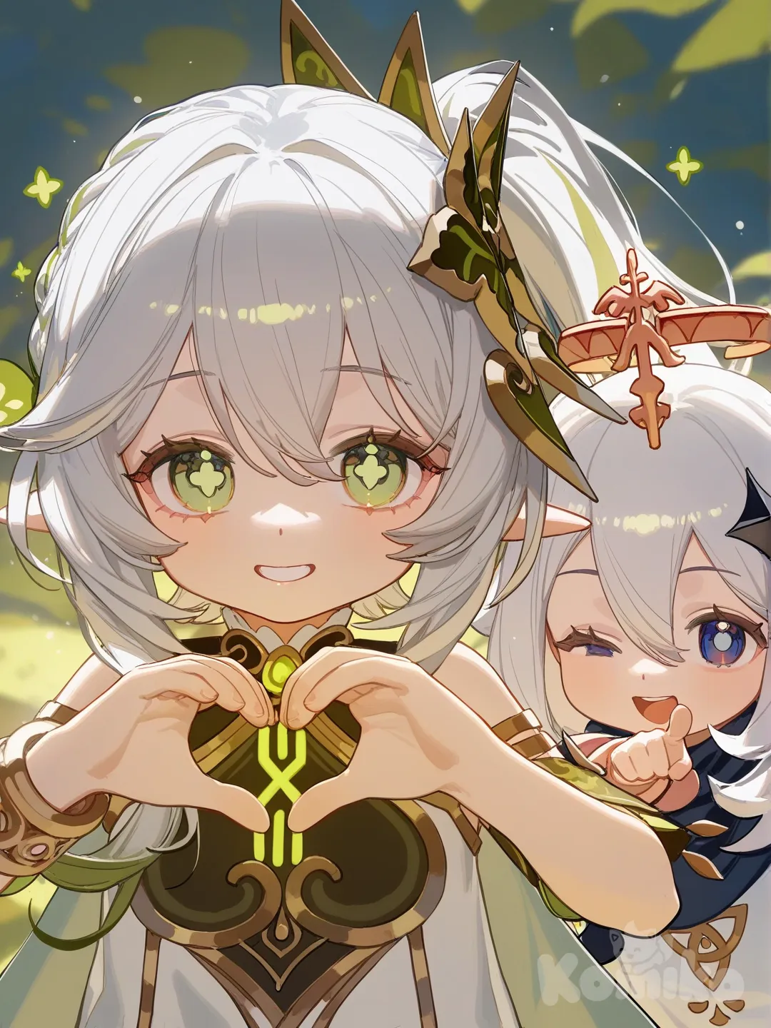 @Nahida_(Genshin_Impact), @Paimon_(Genshin_Impact), [lacquered-illustration-style], heart hands, pointing at viewer, hugging, smile, open mouth, portrait, upper body, looking at viewer, blurred background, cinematic lighting, sparkle, forest