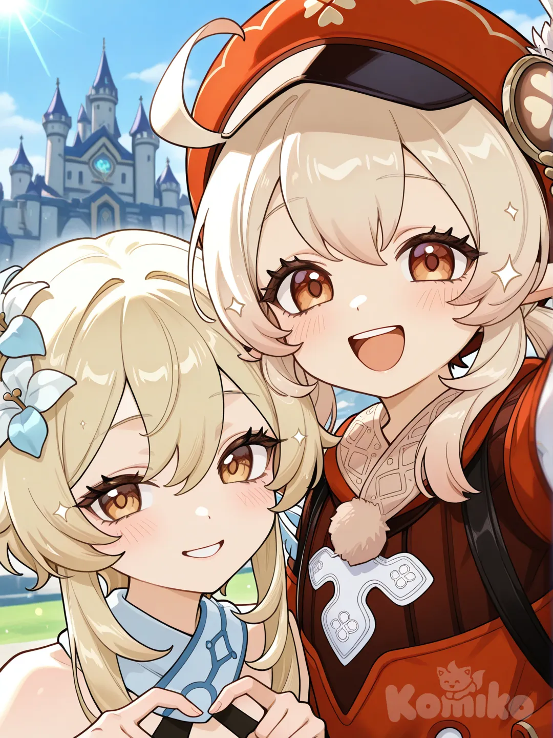 @Klee_(Genshin_Impact), @Lumine_(Genshin_Impact), [semi-realistic--style], heart hands, pointing at viewer, selfie, holding hands, smile, laughing, portrait, upper body, looking at viewer, blurred background, cinematic lighting, sparkle, day, castle