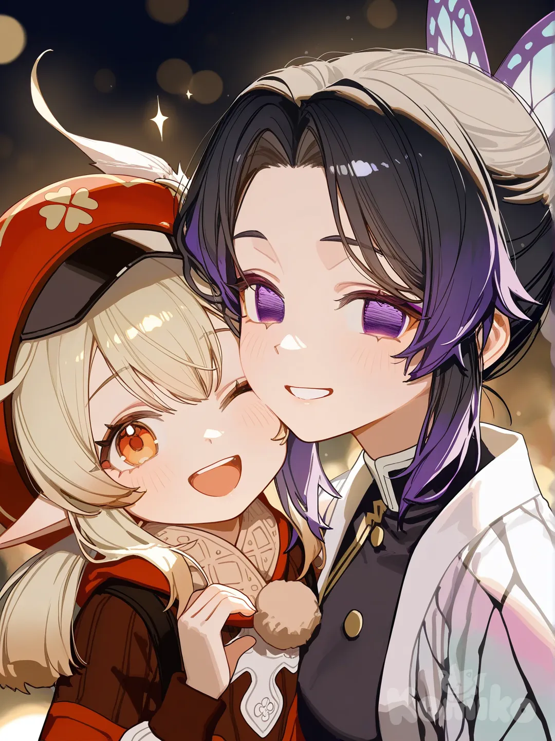 @Klee_(Genshin_Impact), @Kochou_Shinobu, [lacquered-illustration-style], heart hands, holding hands, smile, laughing, one eye closed, open mouth, portrait, upper body, looking at viewer, blurred background, cinematic lighting, sparkle