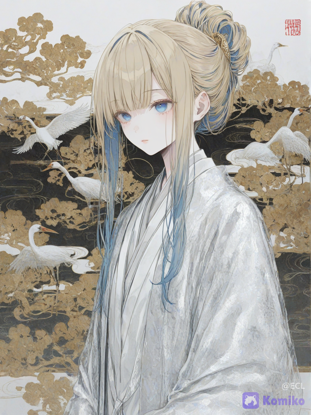 @alice-wYLl, Ratio: 9:16 Style: Japanese maki-e lacquerware flat design + gold and silver foil powdering + black lacquer background (decorative painting, not a photograph) Theme: Vertical portrait on a lacquer box lid – Gold maki-e anime female character The character's appearance must be highly consistent with her image in the original. Key features such as hairstyle/hair color/facial features/signature characteristics must be clearly identifiable. Avoid replacing her with an unrecognizable generic face. Female character details: goddess feel, high-gloss milky skin, skin texture, pores, large, clear eyes (retaining translucency even under the foil highlight). blonde hair updo, officer-like presence Clothing: Cool and elegant clothing with maki-e style patterns, gorgeous but not erotic; retaining the original colors as foil. Composition: Centered half-body or full-body, black lacquer background, gold thread cloud and crane/wave patterns. Constraints: Strong maki-e lacquer art flatness, recognizable., [sweet-pastel-style]