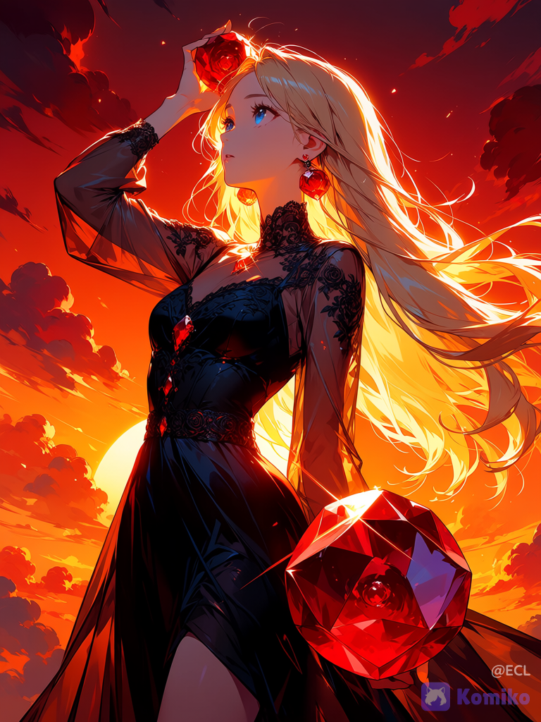 @alice-wYLl a highly romantic anime-style fantasy illustration of a beautiful woman in a rose garden at blazing sunset, inspired by the gemstone meaning “deep affection.” The woman is shown from the waist up in a dramatic three-quarter view, looking upward with parted lips and luminous ruby-red eyes. She has long windblown blonde hair with glowing orange rim light, delicate facial features, and a graceful, emotional expression. Her left arm is raised high, holding exactly one large round faceted ruby between her fingers; the ruby catches a brilliant star-shaped highlight. Her right hand lightly touches her hair near her shoulder. She wears an elegant sheer black-and-deep-crimson lace dress with translucent sleeves, ornate floral embroidery, a fitted waist, and gothic romantic details, plus ruby earrings and a ruby necklace. Surround her with exactly nine prominent deep red roses around the left and right edges, and place exactly seven large sharp faceted ruby crystal points in the lower-right foreground. The background is a vivid orange-red sunset sky filled with glowing clouds, with the low sun behind her shoulder creating intense backlight, warm lens flare, and golden highlights through her hair and lace. Use a rich palette of gemstone color deep ruby red, crimson, black lace, and bright sunset orange. Make the composition vertical, cinematic, ornate, highly polished, painterly anime illustration, with intricate gemstone facets, sparkling highlights, dramatic contrast, soft atmospheric glow, and no text or watermark.