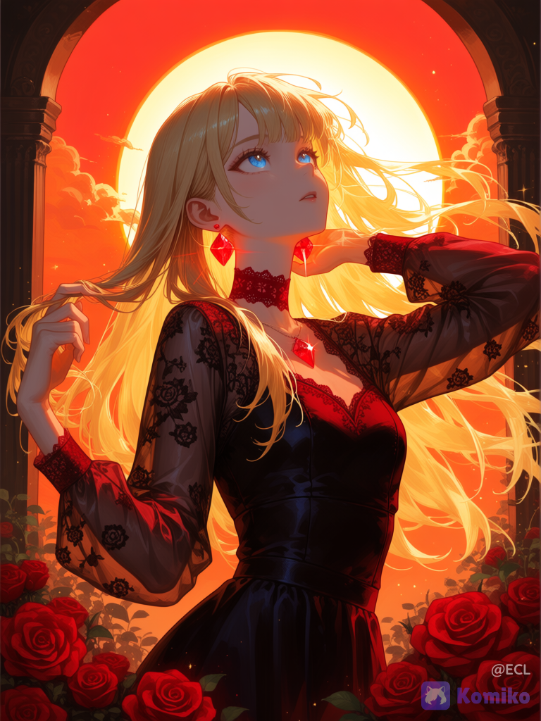 @alice-wYLl a highly romantic anime-style fantasy illustration of a beautiful woman in a rose garden at blazing sunset, inspired by the gemstone meaning “deep affection.” The woman is shown from the waist up in a dramatic three-quarter view, looking upward with parted lips and luminous ruby-red eyes. She has long windblown blonde hair with glowing orange rim light, delicate facial features, and a graceful, emotional expression. Her left arm is raised high, holding exactly one large round faceted ruby between her fingers; the ruby catches a brilliant star-shaped highlight. Her right hand lightly touches her hair near her shoulder. She wears an elegant sheer black-and-deep-crimson lace dress with translucent sleeves, ornate floral embroidery, a fitted waist, and gothic romantic details, plus ruby earrings and a ruby necklace. Surround her with exactly nine prominent deep red roses around the left and right edges, and place exactly seven large sharp faceted ruby crystal points in the lower-right foreground. The background is a vivid orange-red sunset sky filled with glowing clouds, with the low sun behind her shoulder creating intense backlight, warm lens flare, and golden highlights through her hair and lace. Use a rich palette of gemstone color deep ruby red, crimson, black lace, and bright sunset orange. Make the composition vertical, cinematic, ornate, highly polished, painterly anime illustration, with intricate gemstone facets, sparkling highlights, dramatic contrast, soft atmospheric glow, and no text or watermark., [brushstroke-portrait-style]