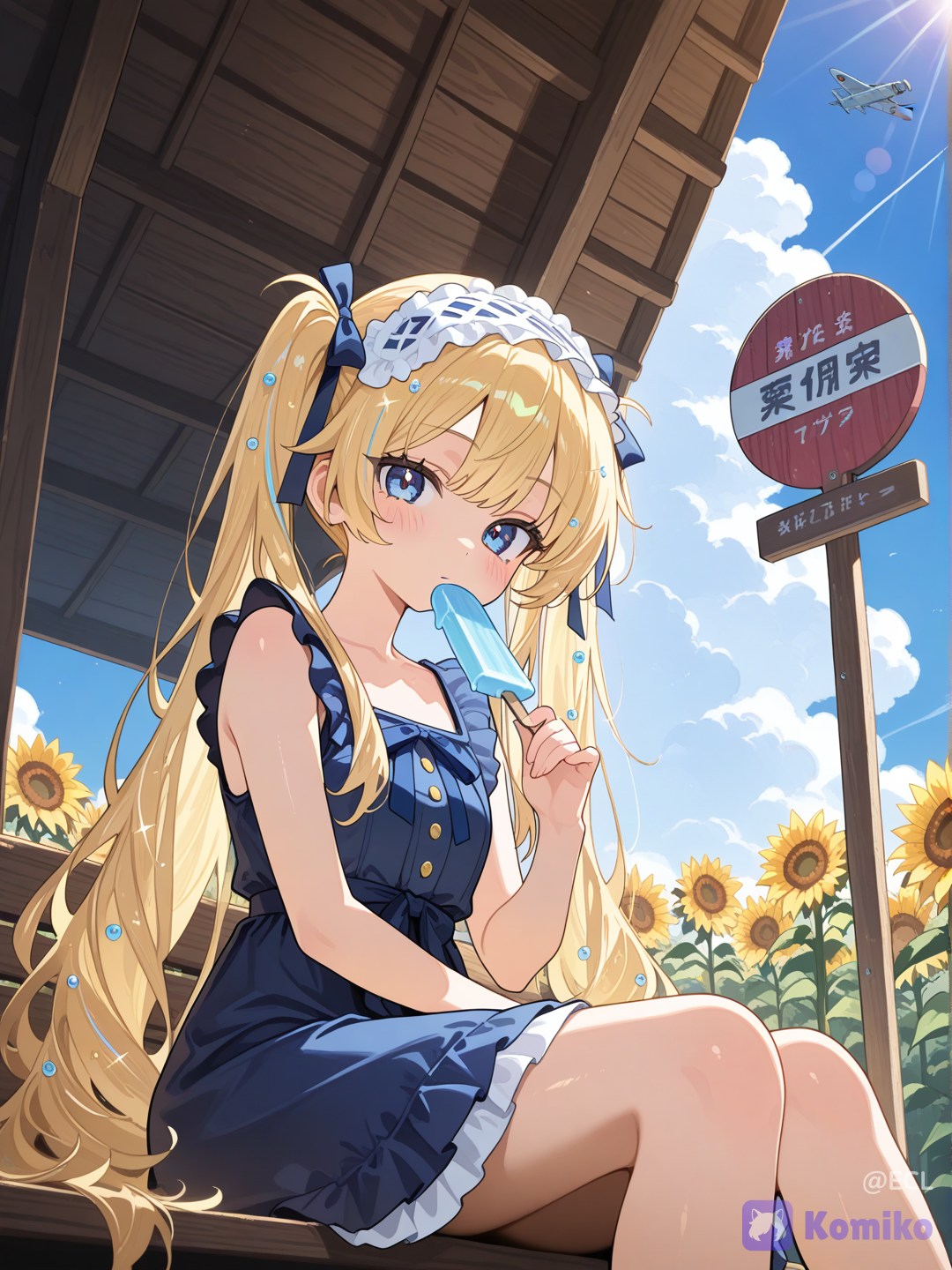 @alice-wYLl a vibrant summer anime illustration in a polished gacha-game key visual style, vertical 3:4 composition. Show exactly 1 girl characters sitting in the shade of a rustic wooden bus stop shelter beside a vast sunflower field under a blazing blue sky. a blonde haired girl with long twin ponytails, blue eyes, a jeweled headband, and a fluffy blue hair accessory; she wears a dark navy-blue sleeveless sundress with ruffles and small gold buttons, looking slightly flustered from the heat while eating a translucent bright-blue ice pop. The setting should feel extremely hot yet refreshing: intense sunlight and lens flare from the upper left, sparkling highlights, small decorative fireworks-like white bursts in the sky, a tiny airplane leaving a white contrail, fluffy cumulus clouds, distant green mountains, and a sea of yellow sunflowers behind a low fence. Use saturated colors, glossy skin highlights, crisp cel-shaded anime rendering, hair strands, dramatic warm rim lighting, strong blue-yellow contrast, and soft atmospheric bloom. Keep the composition close-up and character-focused, with the shelter roof framing the top and the vertical greeting text clearly legible on the left.