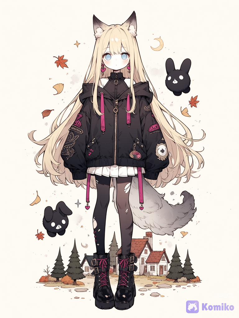 full-body fantasy anime character illustration on a clean off-white vertical canvas, watercolor and ink style with soft splashes and delicate sketch lines. The subject is one wolf-girl standing front-facing with a shy, slightly melancholic expression, pale skin, large blue eyes, faint blush, and very long flowing blonde hair. She has exactly two tall fluffy wolf ears with dark tips and one large pale wolf tail sweeping behind her. Dress her in an oversized black hooded techwear jacket with magenta accents, straps, buckles, zipper details, and long sleeves partly covering her hands; add a short white pleated skirt, black asymmetrical torn tights, and chunky black lace-up combat boots with magenta laces and small emblem patches. Include exactly two visible heart-themed accessories: one pink heart earring and one pink heart charm on a strap. Around her, add whimsical fantasy background motifs: one small crescent moon on the left, one floating black rabbit-like mascot with two ears and round white eyes, scattered autumn leaves, tiny stars, ink dots, and watercolor stains. At the bottom, paint a miniature storybook village scene with cottages and church-like peaked roofs, plus exactly three prominent dark evergreen trees, all in muted gray, beige, and dusky autumn tones. Keep the composition airy with lots of white space, the character centered and occupying most of the height, with translucent layered tail and hair shapes. Style: high-detail Japanese fantasy character art, delicate watercolor wash, fashionable gothic streetwear, cute but solitary wolf motif, no speech bubbles, no panel borders, no extra characters., @alice-wYLl