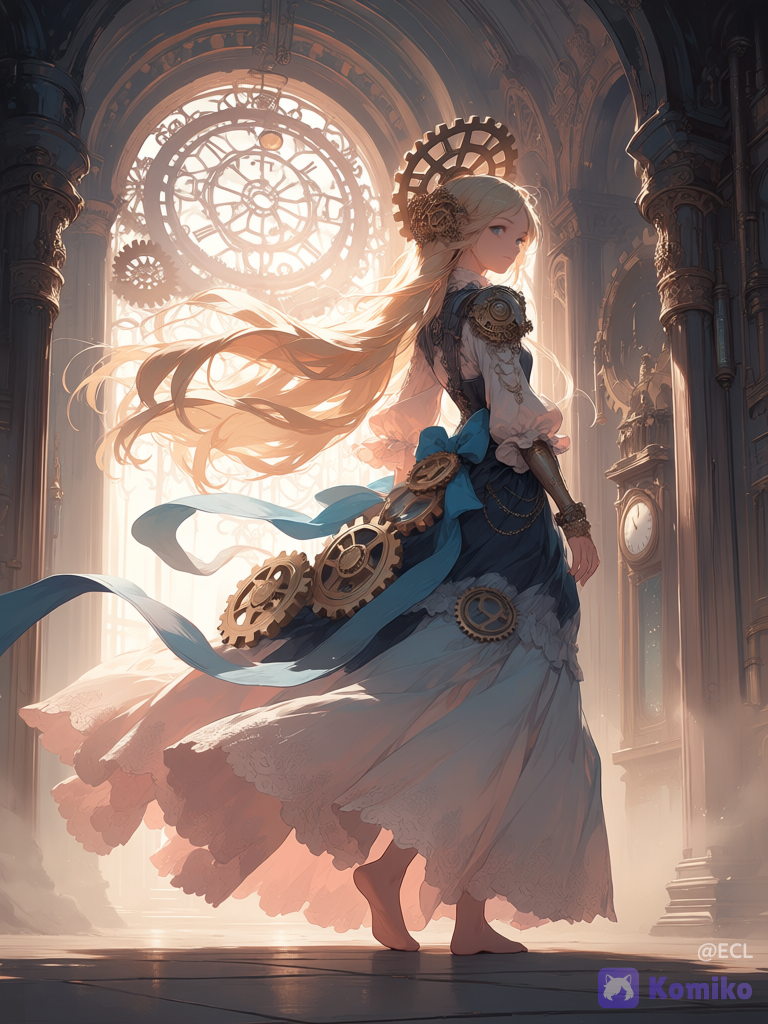 a vertical anime-style fantasy illustration of a clockwork princess standing in three-quarter back view and looking gently over her shoulder toward the viewer. She has very long flowing blonde hair blown leftward by wind, soft blue eyes, delicate facial features, and a calm wistful expression. Dress her in an ornate Victorian steampunk gown in dusty navy blue, ivory lace, and pale pink translucent fabric, with layered ruffles, lace hems, sheer ribbons streaming in the wind, large blue bows at the waist and sleeve, gold chains, filigree trim, and multiple visible gear ornaments. Include exactly 6 prominent clockwork decorations on her outfit and accessories: 1 intricate gear hairpiece on the right side of her head, 1 mechanical shoulder pauldron, 1 gear-and-bracelet assembly on her forearm, 1 gear medallion on the lower blue skirt, and 2 small circular gear ornaments along the front lace panel. The background is a towering Gothic steampunk clock-tower interior made of dark metal pipes, riveted columns, gears, and a large antique clock face on the right side, with a pale luminous lattice window or filigree structure behind her. Use dreamy backlighting from the upper left, warm haze, soft mist, fine dust, translucent highlights, and highly linework. Composition: full-body to knee-length figure centered slightly right, flowing skirt sweeping across the lower half, hair and ribbons extending left, tall architecture rising on the right. Style should be elegant, intricate, painterly anime key art, ethereal, romantic, high detail, muted pastel palette, no text, no watermark., @alice-wYLl