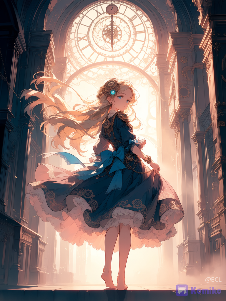 @alice-wYLl a vertical anime-style fantasy illustration of a clockwork princess standing in three-quarter back view and looking gently over her shoulder toward the viewer. She has very long flowing blonde hair blown leftward by wind, soft blue eyes, delicate facial features, and a calm wistful expression. Dress her in an ornate Victorian steampunk gown in dusty navy blue, ivory lace, and pale pink translucent fabric, with layered ruffles, lace hems, sheer ribbons streaming in the wind, large blue bows at the waist and sleeve, gold chains, filigree trim, and multiple visible gear ornaments. Include exactly 6 prominent clockwork decorations on her outfit and accessories: 1 intricate gear hairpiece on the right side of her head, 1 mechanical shoulder pauldron, 1 gear-and-bracelet assembly on her forearm, 1 gear medallion on the lower blue skirt, and 2 small circular gear ornaments along the front lace panel. The background is a towering Gothic steampunk clock-tower interior made of dark metal pipes, riveted columns, gears, and a large antique clock face on the right side, with a pale luminous lattice window or filigree structure behind her. Use dreamy backlighting from the upper left, warm haze, soft mist, fine dust, translucent highlights, and highly linework. Composition: full-body to knee-length figure centered slightly right, flowing skirt sweeping across the lower half, hair and ribbons extending left, tall architecture rising on the right. Style should be elegant, intricate, painterly anime key art, ethereal, romantic, high detail, muted pastel palette, no text, no watermark.