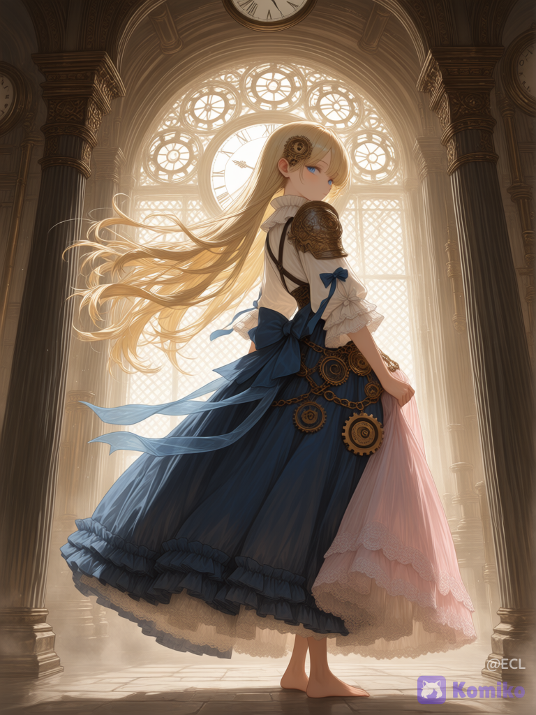 @alice-wYLl a vertical anime-style fantasy illustration of a clockwork princess standing in three-quarter back view and looking gently over her shoulder toward the viewer. She has very long flowing blonde hair blown leftward by wind, soft blue eyes, delicate facial features, and a calm wistful expression. Dress her in an ornate Victorian steampunk gown in dusty navy blue, ivory lace, and pale pink translucent fabric, with layered ruffles, lace hems, sheer ribbons streaming in the wind, large blue bows at the waist and sleeve, gold chains, filigree trim, and multiple visible gear ornaments. Include exactly 6 prominent clockwork decorations on her outfit and accessories: 1 intricate gear hairpiece on the right side of her head, 1 mechanical shoulder pauldron, 1 gear-and-bracelet assembly on her forearm, 1 gear medallion on the lower blue skirt, and 2 small circular gear ornaments along the front lace panel. The background is a towering Gothic steampunk clock-tower interior made of dark metal pipes, riveted columns, gears, and a large antique clock face on the right side, with a pale luminous lattice window or filigree structure behind her. Use dreamy backlighting from the upper left, warm haze, soft mist, fine dust, translucent highlights, and highly linework. Composition: full-body to knee-length figure centered slightly right, flowing skirt sweeping across the lower half, hair and ribbons extending left, tall architecture rising on the right. Style should be elegant, intricate, painterly anime key art, ethereal, romantic, high detail, muted pastel palette, no text, no watermark., [vivid-close-up-style]