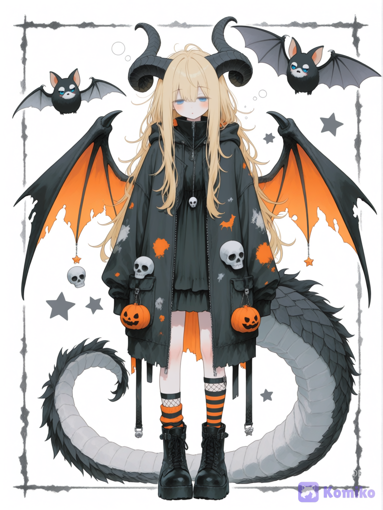 @alice-wYLl a full-body watercolor anime character illustration on a tall vertical canvas with an off-white paper background, thin black outer border, and scattered gray and orange paint splatters. a fantasy Halloween girl standing front-facing with a slight sleepy open-mouth expression, blue eyes, rosy cheeks, and long messy blonde hair. She has exactly 2 large dragon horn on top of her head and 1 thick scaly dragon-like tail curling behind her legs. Dress her in an oversized tattered Halloween jacket with black patchwork, ragged hems, zipper details, straps, buckles, small pumpkin-face patches, and a dangling pouch; underneath, show a black layered dress or skirt with gothic ruffles and a dark high-collar top with a small pendant. Add an asymmetrical pointed hood or jester-witch hat behind one ear in orange and black, decorated with a round eye-like emblem, a skull motif, and exactly 2 dangling charms: one small skull and one triangle. Add small bat wings attached behind the coat, exactly 2 wings total, orange with black edges. Footwear: exactly 2 chunky black lace-up boots with orange trim, mismatched socks, one orange-striped sock and one black fishnet sock. In the background, include exactly 3 separate flying bats: one dark bat on the upper right, one pale gray bat on the left, and one tiny dark gray bat near the upper left, plus a few star-shaped ink marks. Use delicate ink linework, soft watercolor washes, transparent layering, textured paper grain, and a cute dark-fantasy Halloween color palette of orange, black, gray, cream, and yellow. Avoid photorealism, avoid extra characters, avoid additional readable text, and keep the composition centered like a character concept art poster., [sweet-pastel-style]