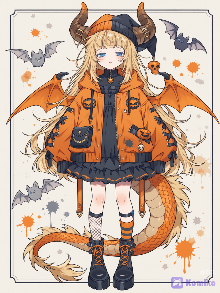 @alice-wYLl a full-body watercolor anime character illustration on a tall vertical canvas with an off-white paper background, thin black outer border, and scattered gray and orange paint splatters. a fantasy Halloween girl standing front-facing with a slight sleepy open-mouth expression, blue eyes, rosy cheeks, and long messy blonde hair. She has exactly 2 large dragon horn on top of her head and 1 thick scaly dragon-like tail curling behind her legs. Dress her in an oversized tattered Halloween jacket with black patchwork, ragged hems, zipper details, straps, buckles, small pumpkin-face patches, and a dangling pouch; underneath, show a black layered dress or skirt with gothic ruffles and a dark high-collar top with a small pendant. Add an asymmetrical pointed hood or jester-witch hat behind one ear in orange and black, decorated with a round eye-like emblem, a skull motif, and exactly 2 dangling charms: one small skull and one triangle. Add small bat wings attached behind the coat, exactly 2 wings total, orange with black edges. Footwear: exactly 2 chunky black lace-up boots with orange trim, mismatched socks, one orange-striped sock and one black fishnet sock. In the background, include exactly 3 separate flying bats: one dark bat on the upper right, one pale gray bat on the left, and one tiny dark gray bat near the upper left, plus a few star-shaped ink marks. Use delicate ink linework, soft watercolor washes, transparent layering, textured paper grain, and a cute dark-fantasy Halloween color palette of orange, black, gray, cream, and yellow. Avoid photorealism, avoid extra characters, avoid additional readable text, and keep the composition centered like a character concept art poster., [cyber-candy-style]