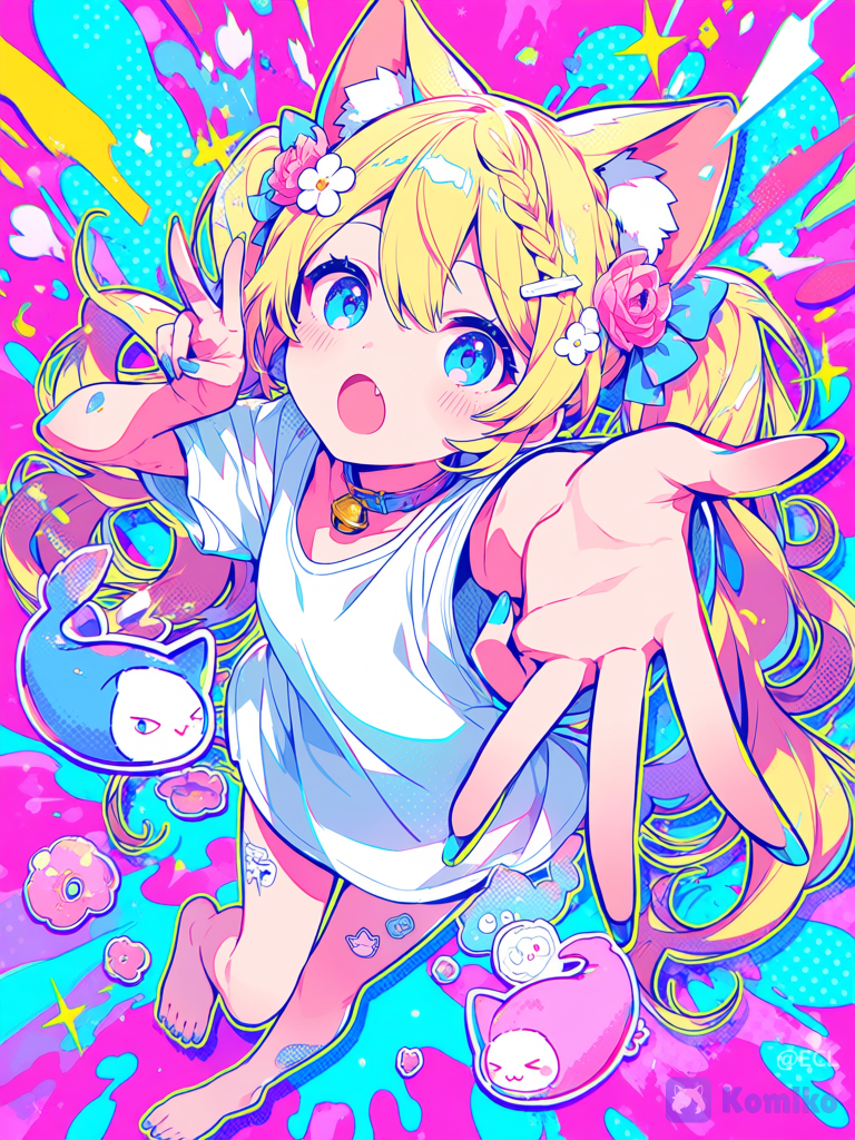 @alice-wYLl a vibrant high-energy anime illustration of a cheerful cat-eared idol girl in an extreme close-up, tilted dynamic composition, reaching toward the viewer with one hand while making a V-sign across one eye with the other. She has gold blonde hair with pale lavender shadows, long flowing twin-tail-like hair and a thick side braid, large fluffy cat ears, glossy blue eyes, an open laughing mouth with tiny fang teeth, soft blush, and long blue-painted nails. Her outfit is a white and pale blue frilly idol/cat-girl costume with a small collar, gold bell at the throat, gold flower-shaped pendant with jewel, ribbons, and lace. Add exactly 6 visible flower decorations: 3 small white blossoms along the braid, 1 pink flower hair clip near the right cat ear, 1 pale blue bow-flower near the left small mascot, and 1 gold flower brooch on the chest. Include exactly 3 small companion creatures: 2 tiny white fluffy cat-like mascots perched in her hair, one on the upper left and one on the right side, and 1 round blue fish-like mascot at the lower left. Include exactly 2 large surreal eyeball graphics in the background, one at upper left inside a hot-pink splatter and one at lower right, plus exactly 2 small fish graphics, one bright pink fish near the left hand and one blue fish at the lower left. Surround everything with bold pop-art shapes: hot pink hearts, magenta paint splashes, purple and cobalt abstract blobs, neon starbursts, sparkles, halftone dots, and glossy sticker-like accents. Use a saturated palette of hot pink, electric blue, violet, cyan, and pastel cream, crisp clean anime line art, luminous highlights, soft cel shading, intricate hair strands, playful chaotic kawaii energy, no text, no watermark. Canvas should be a horizontal 4:3 image, dense full-frame composition, character face centered and very close to the camera, with depth from the foreshortened reaching hand.