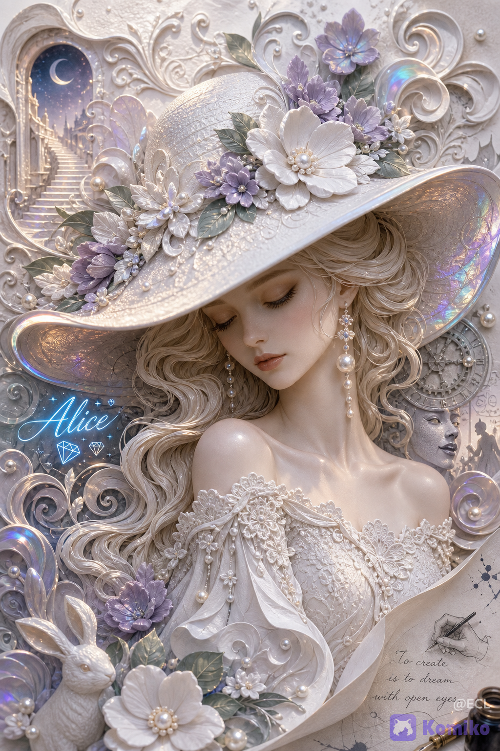 @alice-wYLl {
"core_content": {
"main_description": "A refined 3D relief sculpture of a serene woman with long blonde wavy hair, wearing a decorative wide-brimmed hat adorned with white and soft lavender flowers, set against a pristine white background."
}, "subjects":[
{
"identity": "Elegant woman", "spatial_position": {
"placement": "Center of frame", "scale": "Bust portrait"
}, "pose": {
"body_narrative": "A graceful, downward-facing pose with eyes gently closed, exuding a sense of tranquility and delicate poise."
}, "eye_gaze": {
"direction": "Downwards", "contact": "Averted", "focus": "Closed eyes"
}, "appearance": {
"features": "Pale, porcelain-like skin, soft facial contours, long wavy platinum blonde hair flowing down her shoulders."
}, "attire": {
"headwear": "Wide-brimmed white hat, textured with pearlescent finish, adorned with white and purple floral appliques and small pearls.", "accessories": "Dangling pearl earrings.", "clothing": "Off-the-shoulder lace bodice, intricately textured with floral motifs."
}
}
], "environment": {
"scene": "Abstract floral relief background", "background_elements":[
{
"object": "Floral accents", "description": "Sculpted white and purple flowers, green leaves, and swirling tendrils, all integrated into a unified 3D bas-relief composition."
}
]}, "aesthetics": {
"art_style": "3D Bas-relief paper-cut style art, porcelain sculpture aesthetic, soft pastel color palette, minimalist and clean design.", "lighting": {
"key_light": "Soft, diffused studio lighting creating gentle shadows to define depth and texture.", "shadows": "Subtle, soft-edge shadows that highlight the relief layers."
}, "camera": {
"angle": "Frontal, eye-level", "lens": "Macro lens for high detail"
}, "typography": {
"layout": "Decorative signature at the left mid-section", "elements": [
{
"text": "Alice", "style": "Elegant, small script text with a light blue glow and diamond icons"; ### ⃣ Add the “Fusion‑Style” Overlays
Overlay What it brings to the table -------------------------------------
Surreal‑Dream‑Matrix Unexpected juxtapositions, impossible perspectives, or a
fever‑dream atmosphere that bends reality. Hyper‑Chromatic‑Glaze A whisper of iridescent colour that flickers at the edges, only glimpsable when the viewer’s eye moves. Narrative‑Echo A hidden sub‑story or cultural reference that resonates beneath
the surface, adding depth without explicit exposition. Tactile‑Textural‑Map Descriptions of surface (‑grain, wet‑ink, brushed‑metal, velvet) that the reader can almost “feel”. Dynamic‑Lighting‑Symphony Dramatic chiaroscuro, neon‑backlight, or soft‑golden‑hour
glow that sculpts the subject. Kinetic‑Flow‑Pulse An implied sense of motion or quiet tension that makes the
scene feel alive. Meta‑Reflexivity A subtle nod to the medium or the act of creation itself, giving the piece a self‑aware edge.