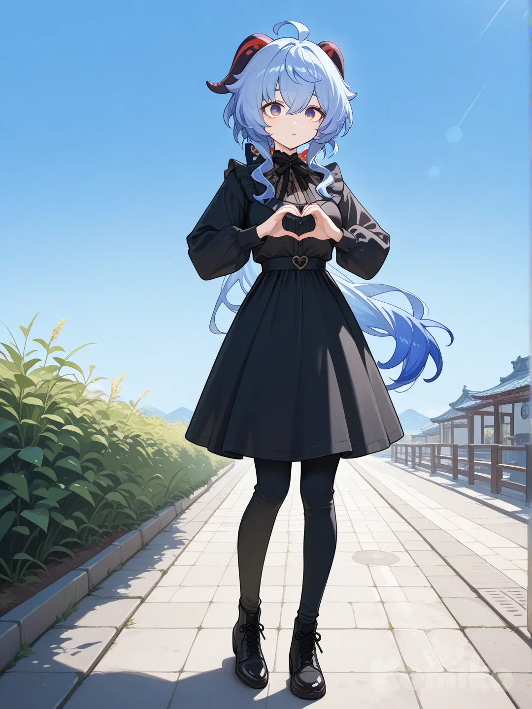 @Ganyu_(Genshin_Impact), heart hands, holding gun, expressionless, shocked, casual pants, bohemian shirt, little black dress, full body, blue sky, side light