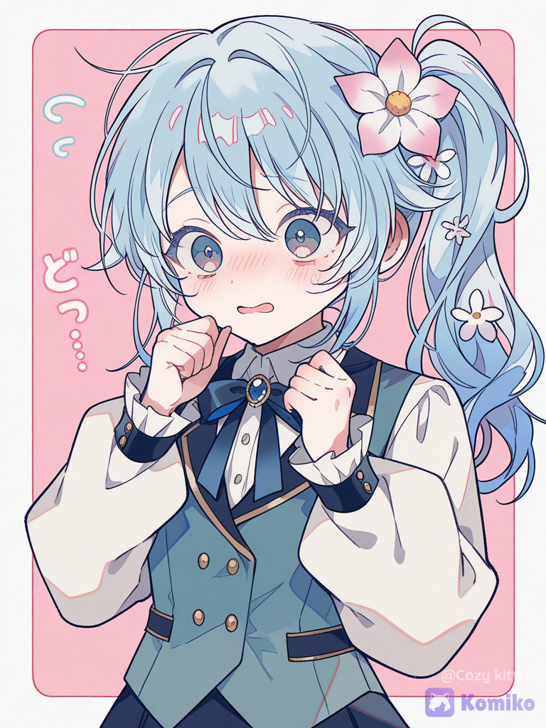 [cyber-candy-style], 1young girl,diminutive,petite,wide innocent eyes,clumsy expression,moe sleeves,shy,flustered, vest, side ponytail,baby blue hair, flower in her hair