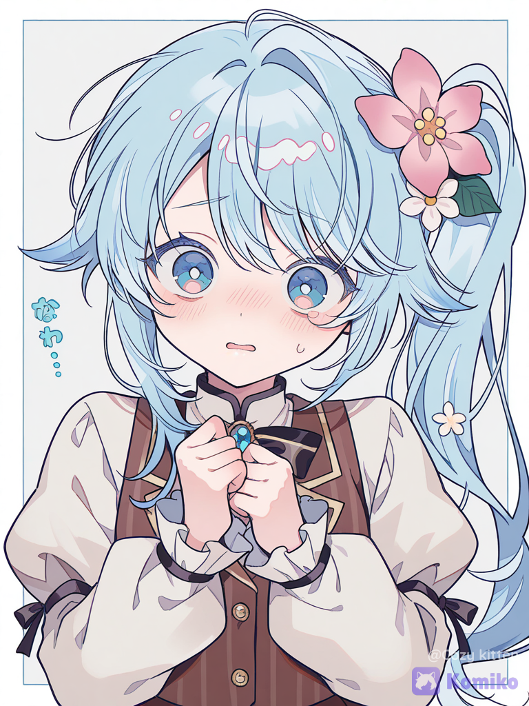 [cyber-candy-style], 1young girl,diminutive,petite,wide innocent eyes,clumsy expression,moe sleeves,shy,flustered, vest, side ponytail,baby blue hair, flower in her hair