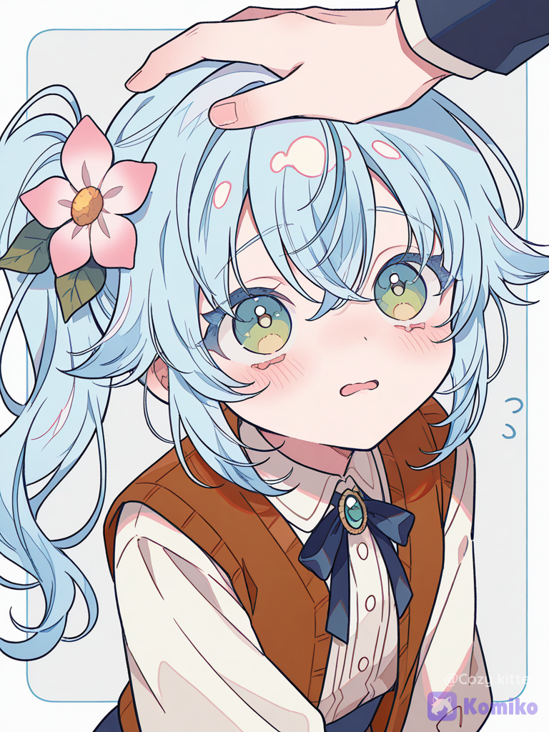 [cyber-candy-style], 1young girl,diminutive,petite,wide innocent eyes,clumsy expression,moe sleeves,shy,flustered, vest, side ponytail,baby blue hair, flower in her hair, being patted on the head