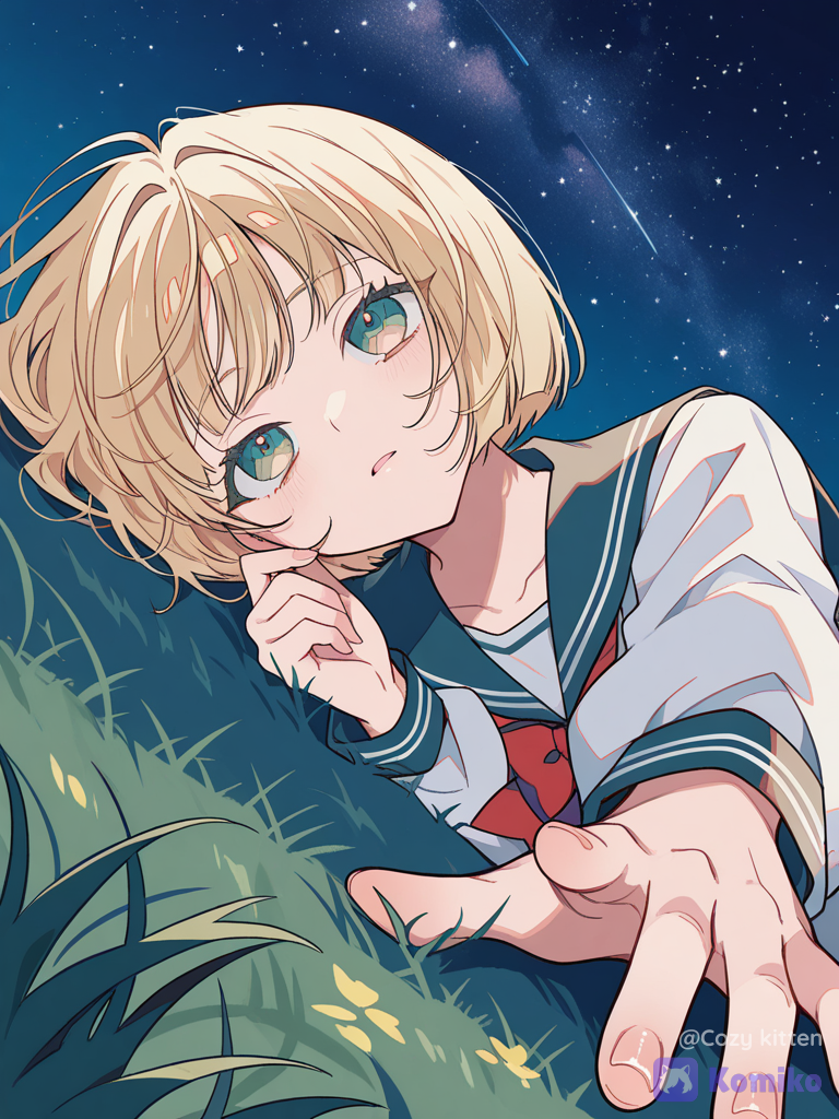 [cyber-candy-style], 1girl,school uniform,moe sleeves,bob cut, blonde hair, lying on the grass,looking up at the starry sky, A hand reaches upwards as if to grab something,as if trying to grasp something,lost in thought, Mouth slightly open