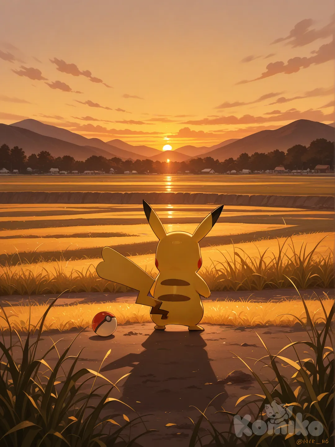 pikachu, on grass, poke ball, sunset