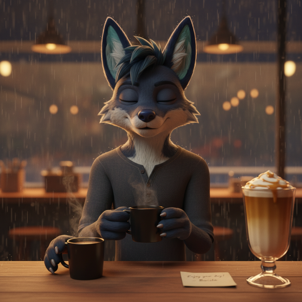 Cinematic shot, stylized 3D animation style. Interior of a cozy rainy coffee shop. Ash, a tall anthropomorphic fox with navy-black fur and vivid sea-blue highlights on ear tips, is standing calmly at the wooden counter. He wears a dark gray henley shirt. On the counter in front of him are two distinct cups: a simple black mug and a large fancy glass of caramel latte with whipped cream. Warm lighting, rain streaks on the window in the background. High detail, expressive character design. --ar 16:9