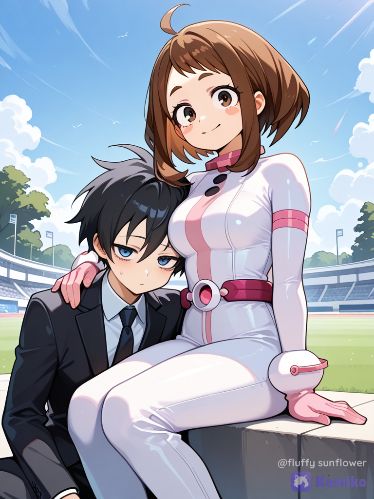 @Uraraka_Ochako in her hero sitting next to Kumagawa Misogi in a black suit shoulders to shoulders outside of the USJ.