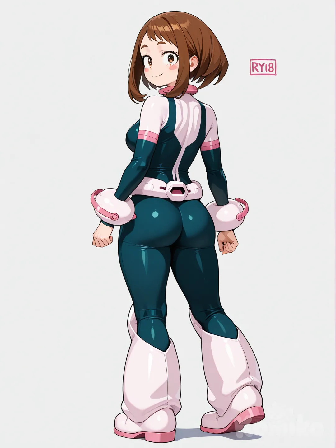@Uraraka_Ochako, Hero Costume, full body, looking back